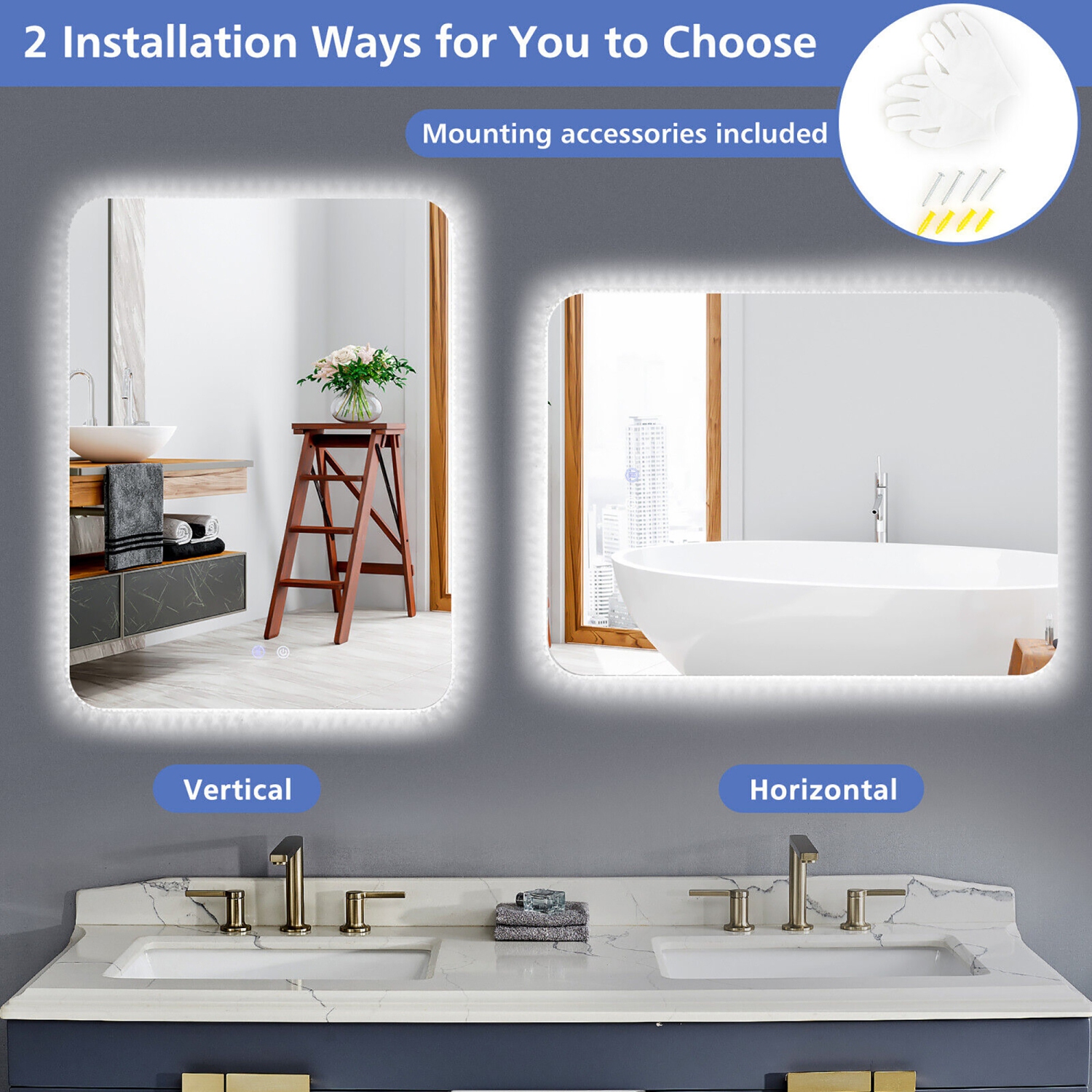 Gymax Bathroom Wall Mounted Mirror w/ 3 Color LED lights Anti-Fog Vertical & Horizontal