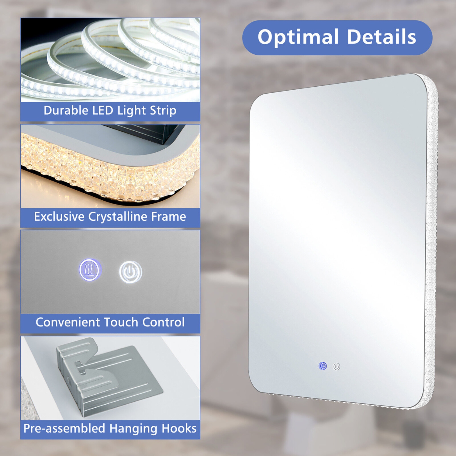 Gymax Bathroom Wall Mounted Mirror w/ 3 Color LED lights Anti-Fog Vertical & Horizontal