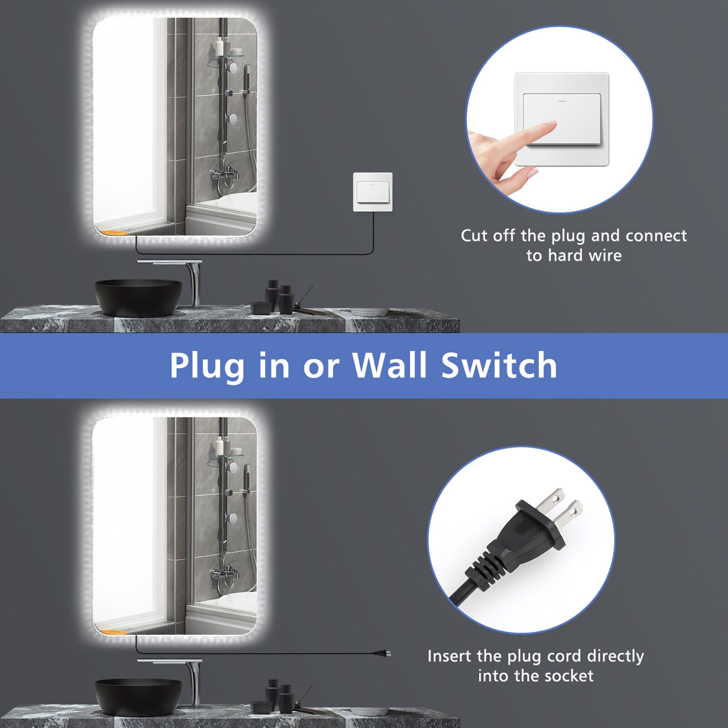 Gymax Bathroom Wall Mounted Mirror w/ 3 Color LED lights Anti-Fog Vertical & Horizontal