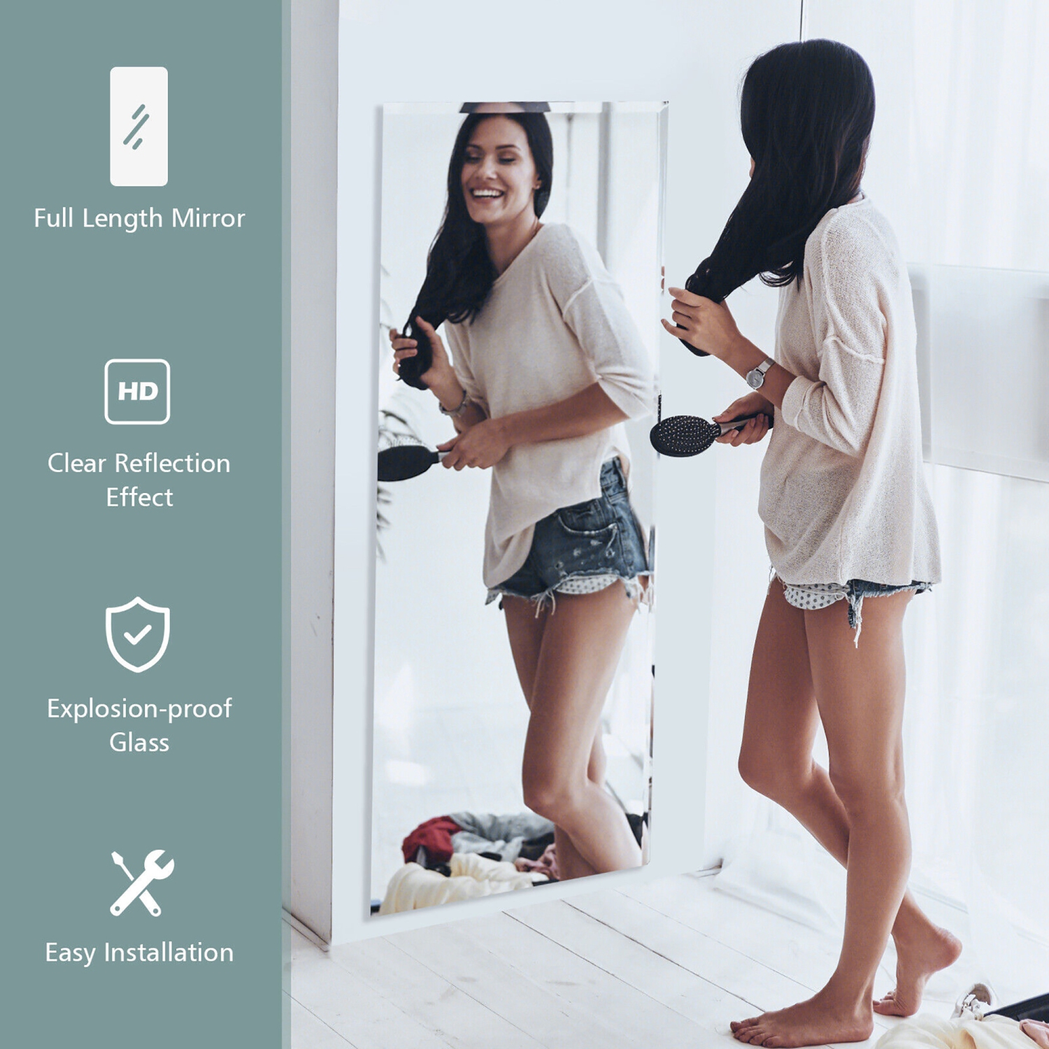 Gymax 43'' x 15'' Wall Mounted Frameless Mirror Full Length Vertically or Horizontally