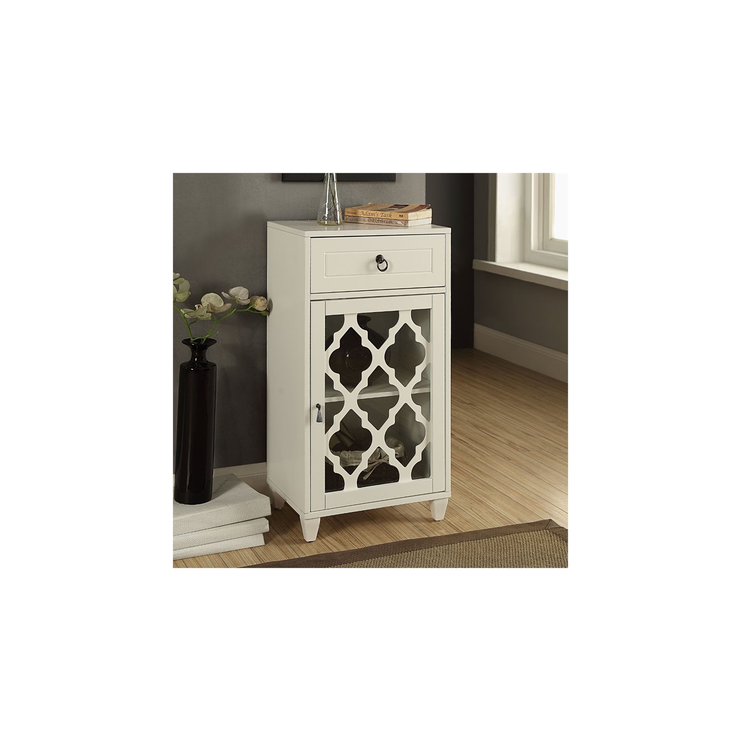 ACME Ceara – Table d’appoint en bois avec tiroir de rangement et porte en verre, blanc