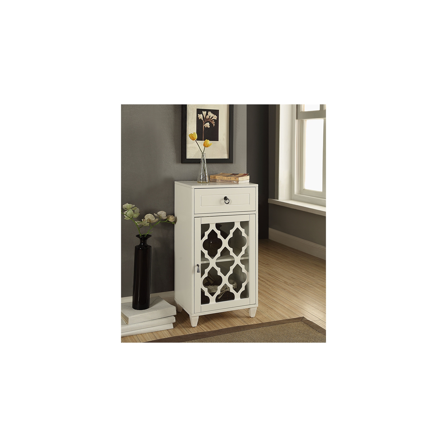 ACME Ceara – Table d’appoint en bois avec tiroir de rangement et porte en verre, blanc