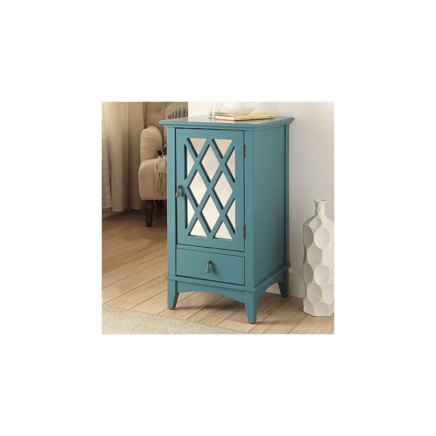 ACME Ceara Wooden Accent Table with Storage Drawer and Glass Door in Teal