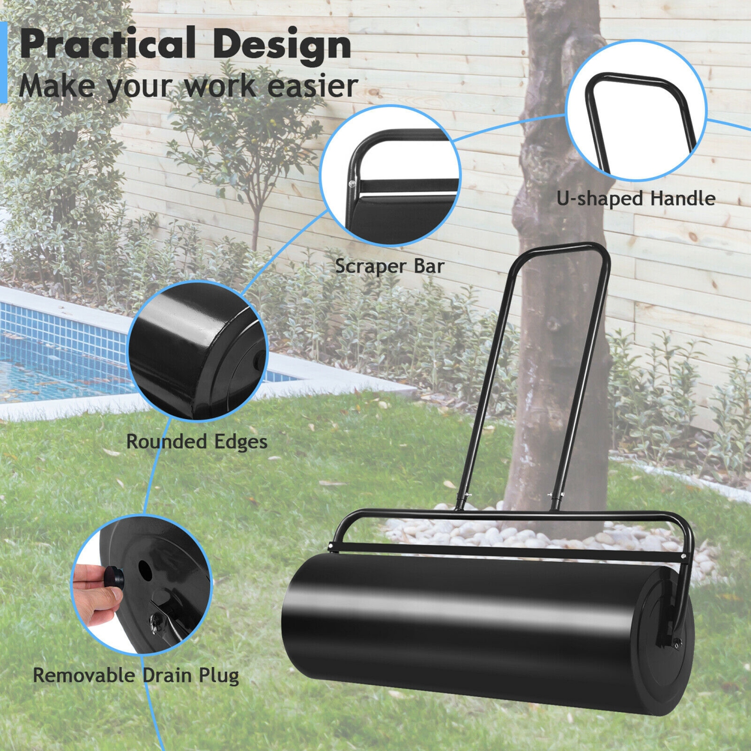 Gymax 17-Gallon Lawn Roller Heavy-Duty Steel Push/Pull Sod Roller 36'' x 12'' Black