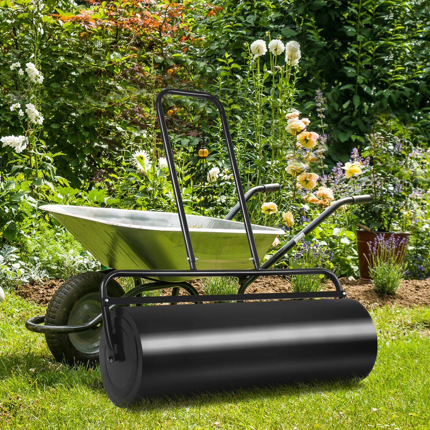 Gymax 17-Gallon Lawn Roller Heavy-Duty Steel Push/Pull Sod Roller 36'' x 12'' Black