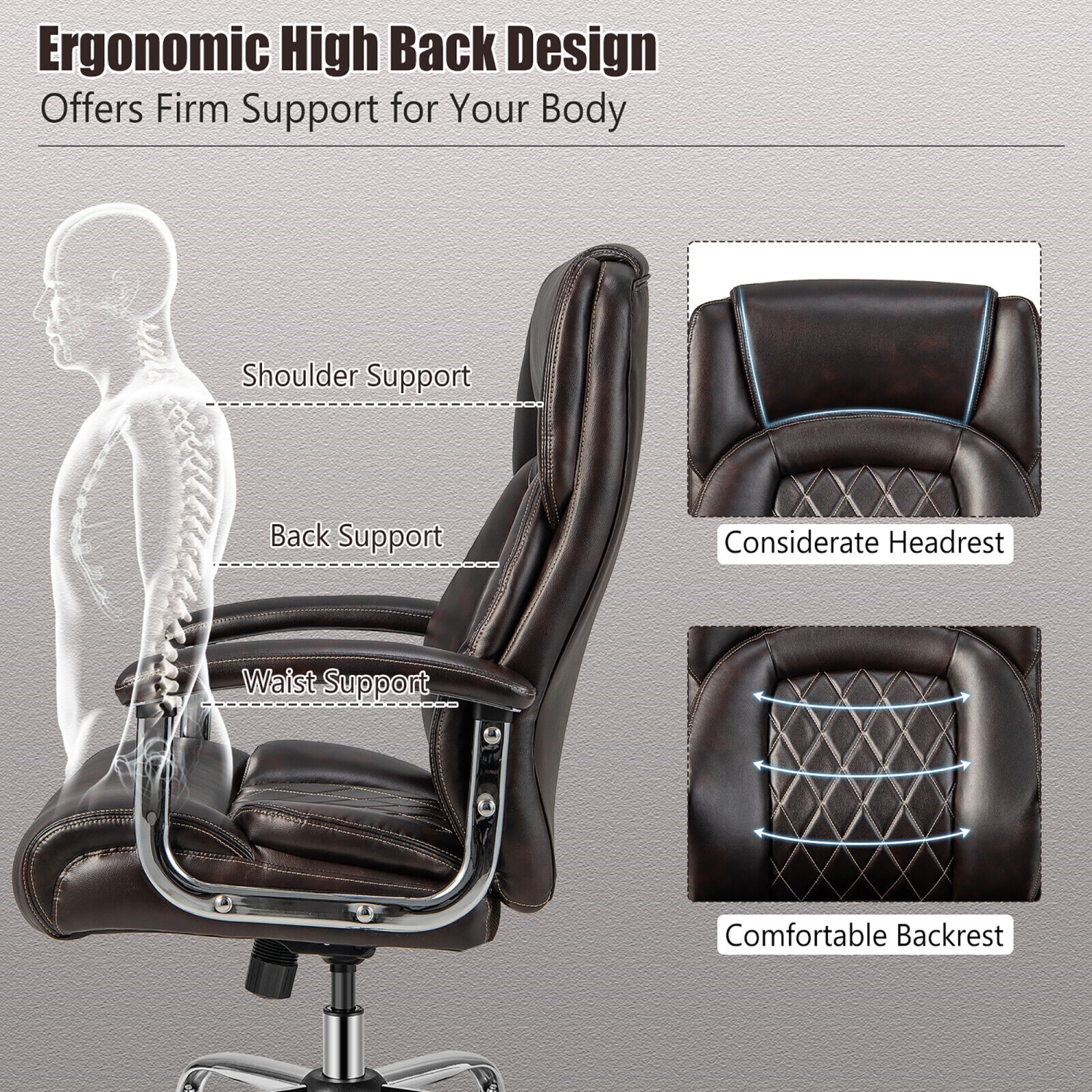 Gymax 500LBS High Back Big & Tall Office Chair Adjustable Leather Task Chair Brown