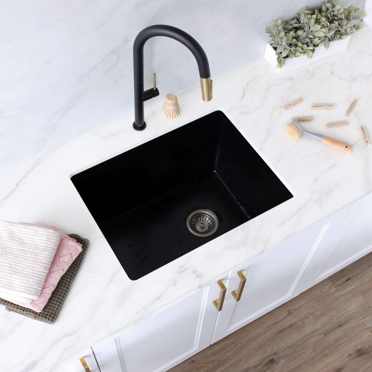 STYLISH 25 inch Black Single Bowl Dual Mount Composite Granite Utility Sink S-825N