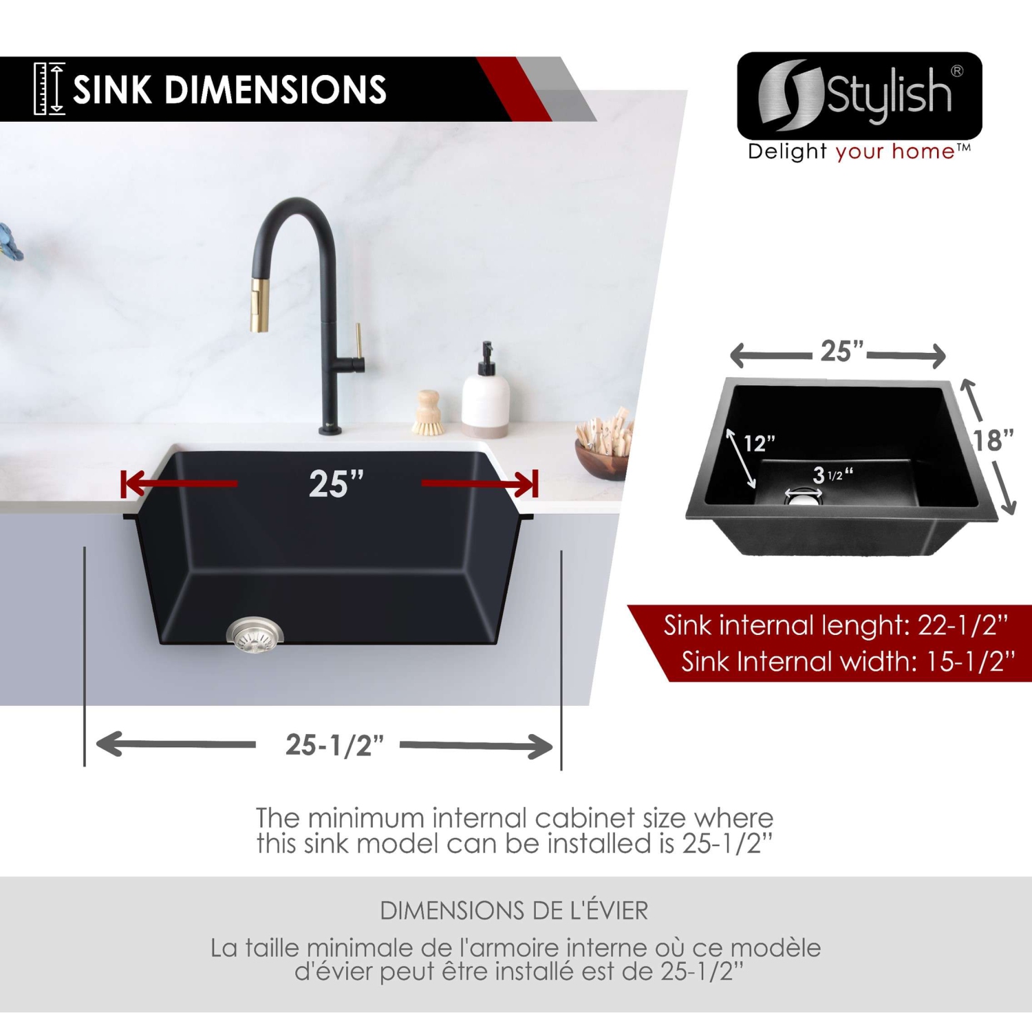 STYLISH 25 inch Black Single Bowl Dual Mount Composite Granite Utility Sink S-825N