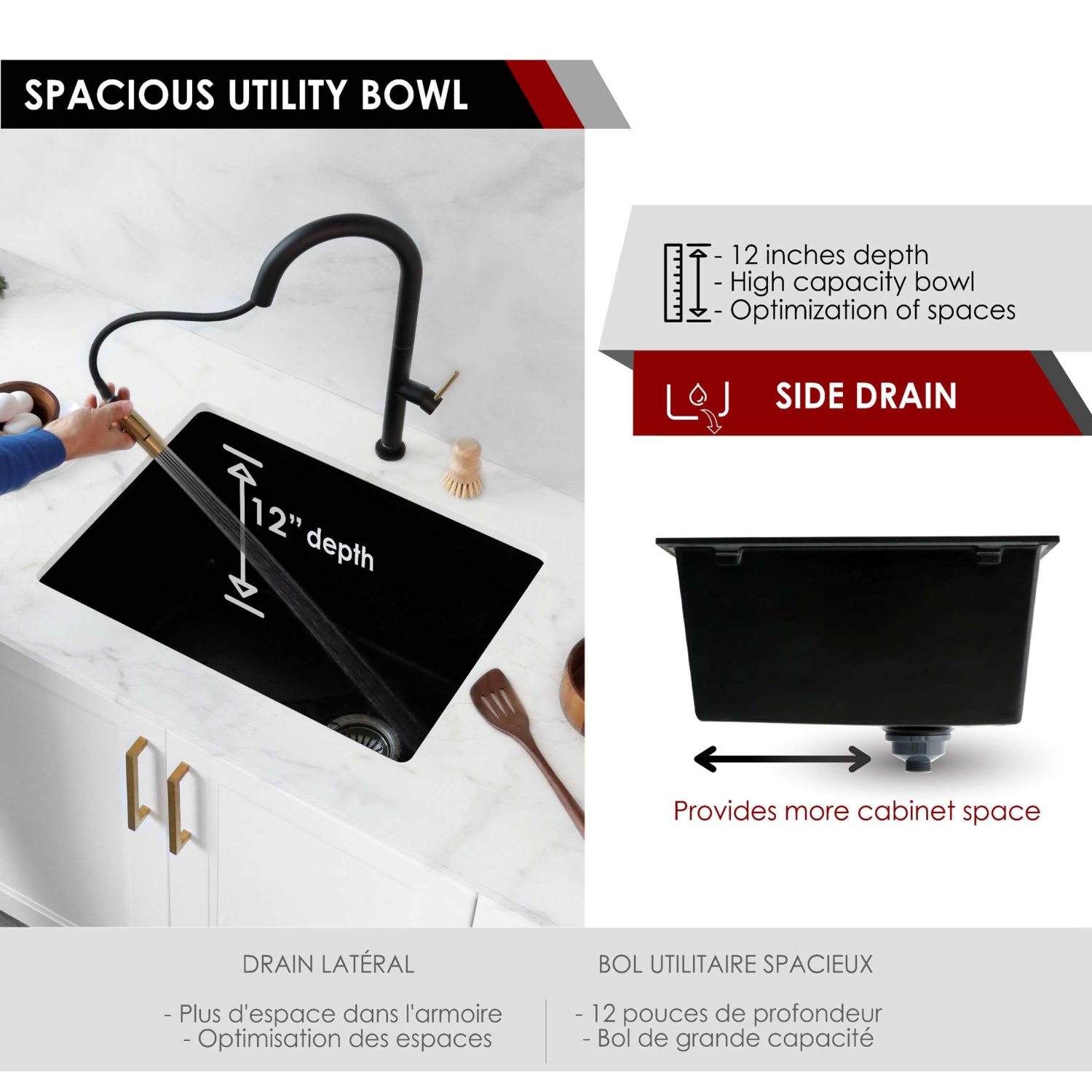 STYLISH 25 inch Black Single Bowl Dual Mount Composite Granite Utility Sink S-825N