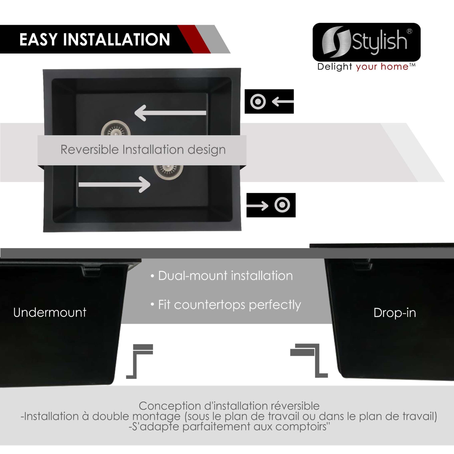 STYLISH 25 inch Black Single Bowl Dual Mount Composite Granite Utility Sink S-825N