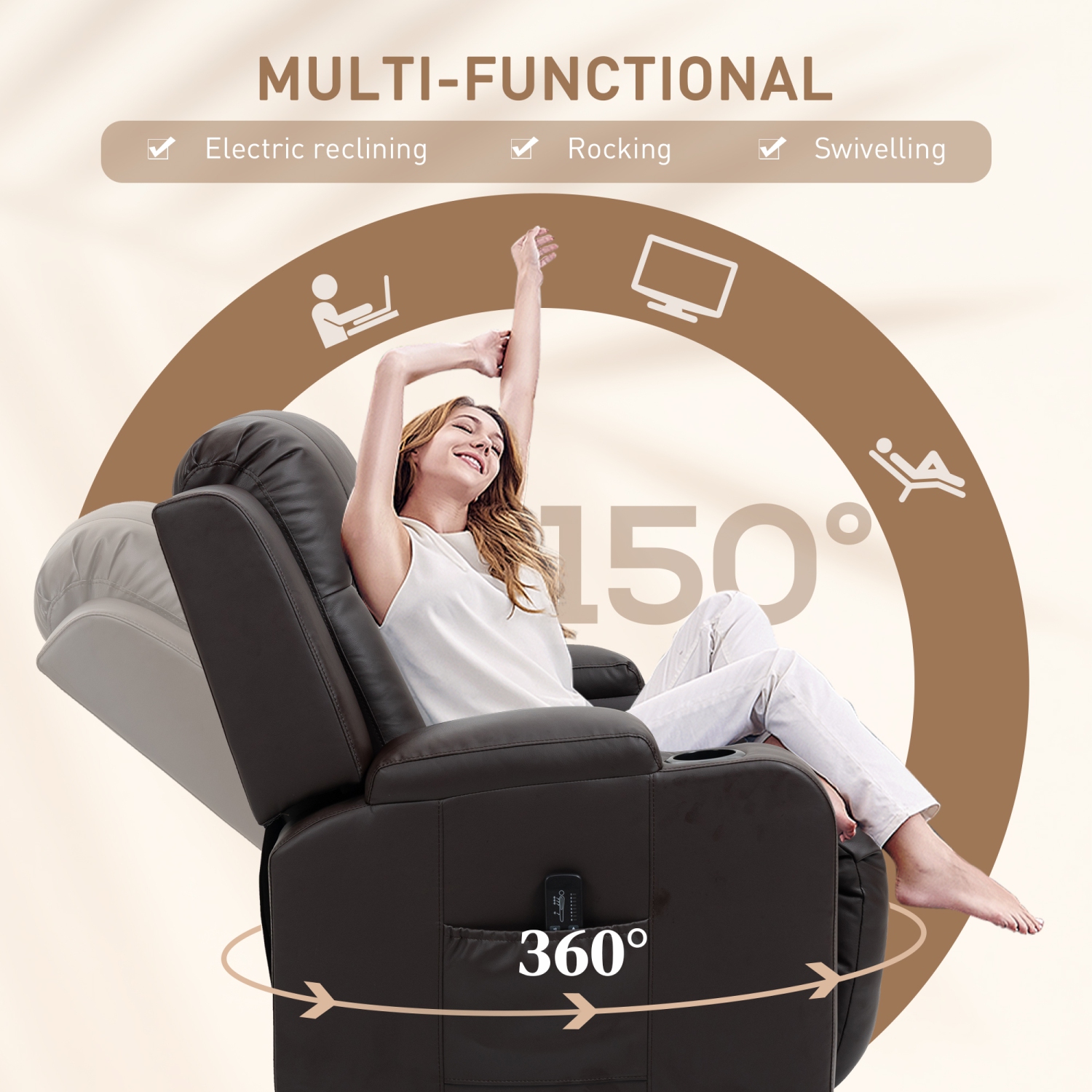 HOMCOM Fauteuil inclinable de massage pour salon avec 8 points de vibration, fauteuil inclinable en cuir PU avec porte-gobelets, base pivotante,