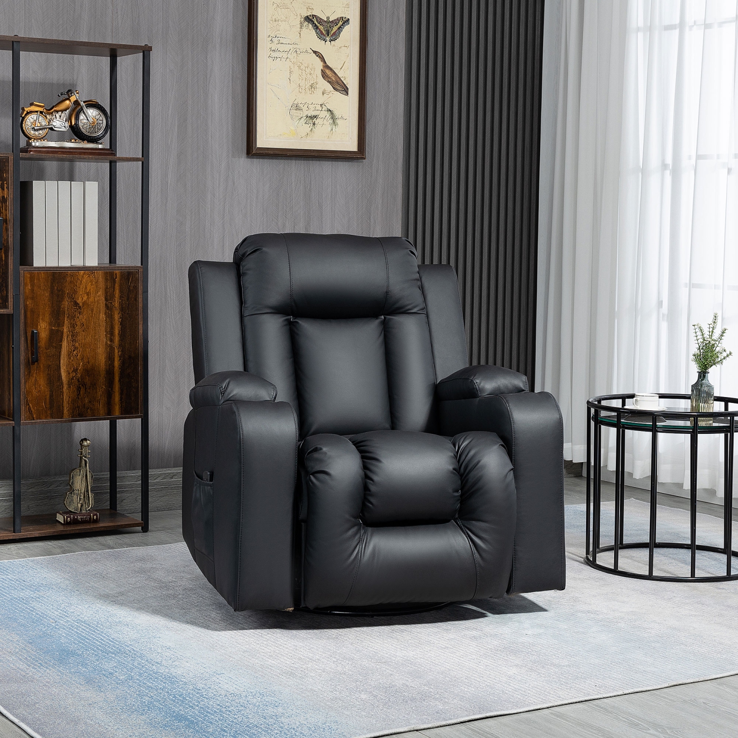 HOMCOM Fauteuil inclinable de massage pour salon avec 8 points de vibration, fauteuil inclinable en cuir PU avec porte-gobelets, base pivotante,