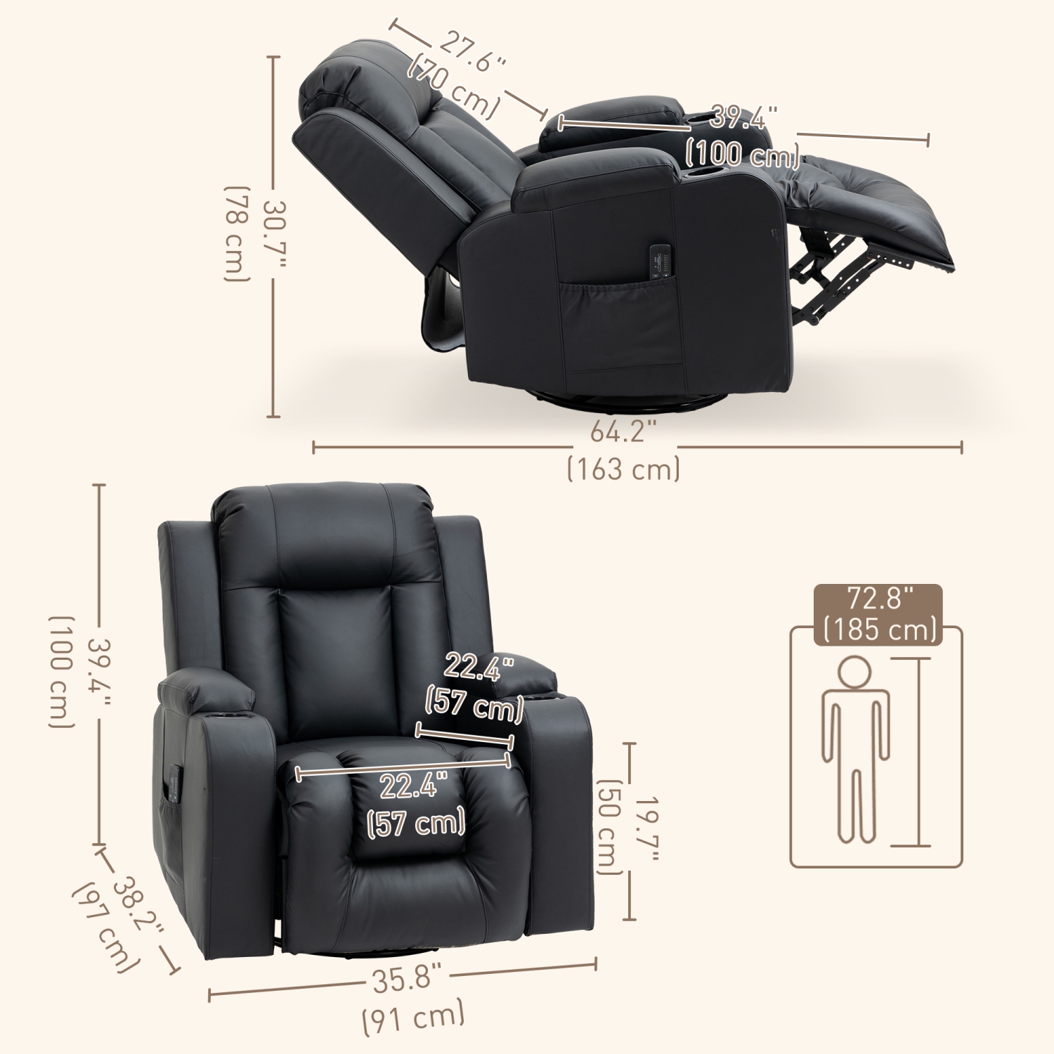 HOMCOM Fauteuil inclinable de massage pour salon avec 8 points de vibration, fauteuil inclinable en cuir PU avec porte-gobelets, base pivotante,