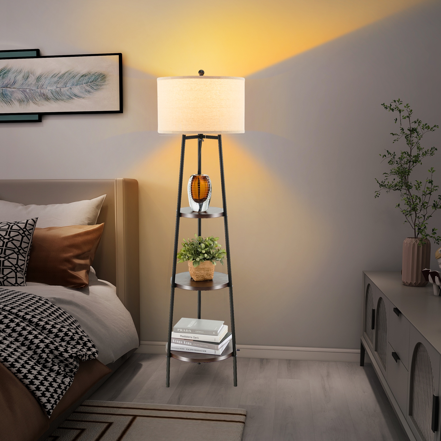 Topbuy Shelf Floor Lamp Corner Floor Lamp w 3 tier Shelves Linen Lampshade Modern Standing Tall Bookshelf Lamp Best Buy Canada