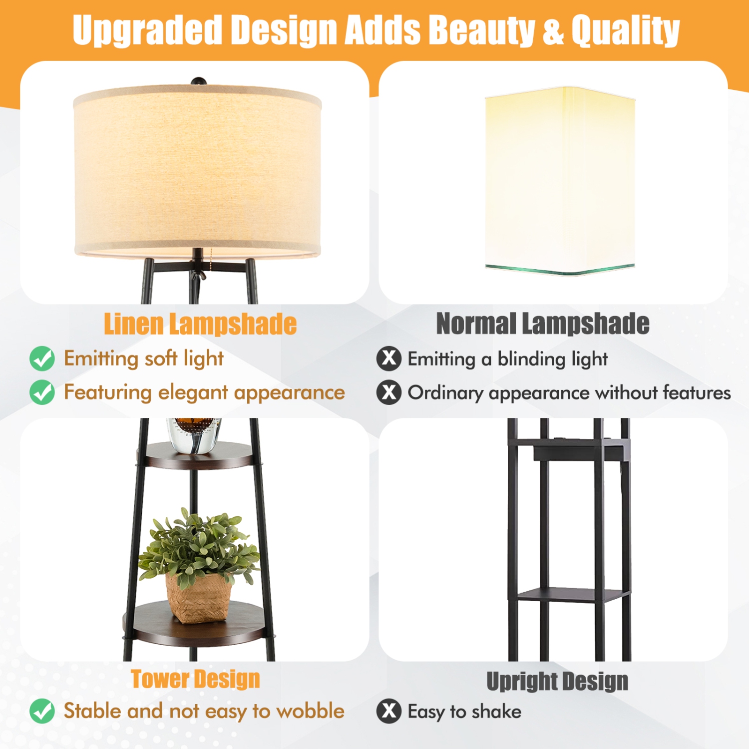 Topbuy Shelf Floor Lamp Corner Floor Lamp w/ 3-tier Shelves & Linen Lampshade Modern Standing Tall Bookshelf Lamp