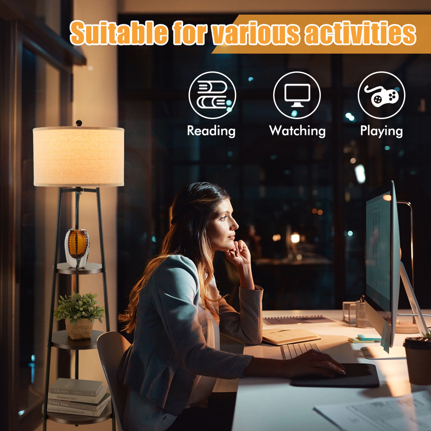 Topbuy Shelf Floor Lamp Corner Floor Lamp w/ 3-tier Shelves & Linen Lampshade Modern Standing Tall Bookshelf Lamp