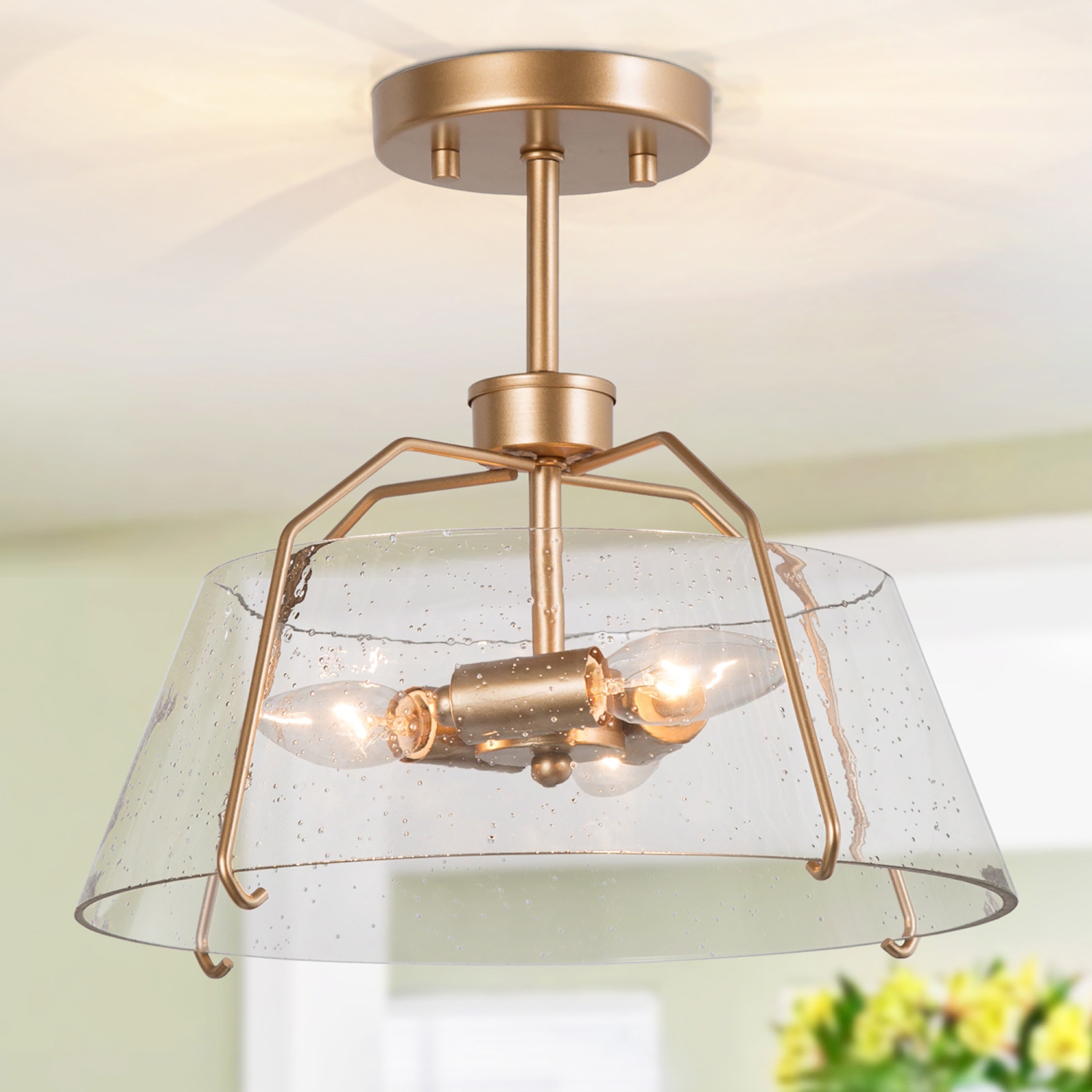 Modern 3-Light Ceiling Light, 13-in Matte Gold with Seeded Drum Glass Shade Incandescent Semi-flush Mount Light