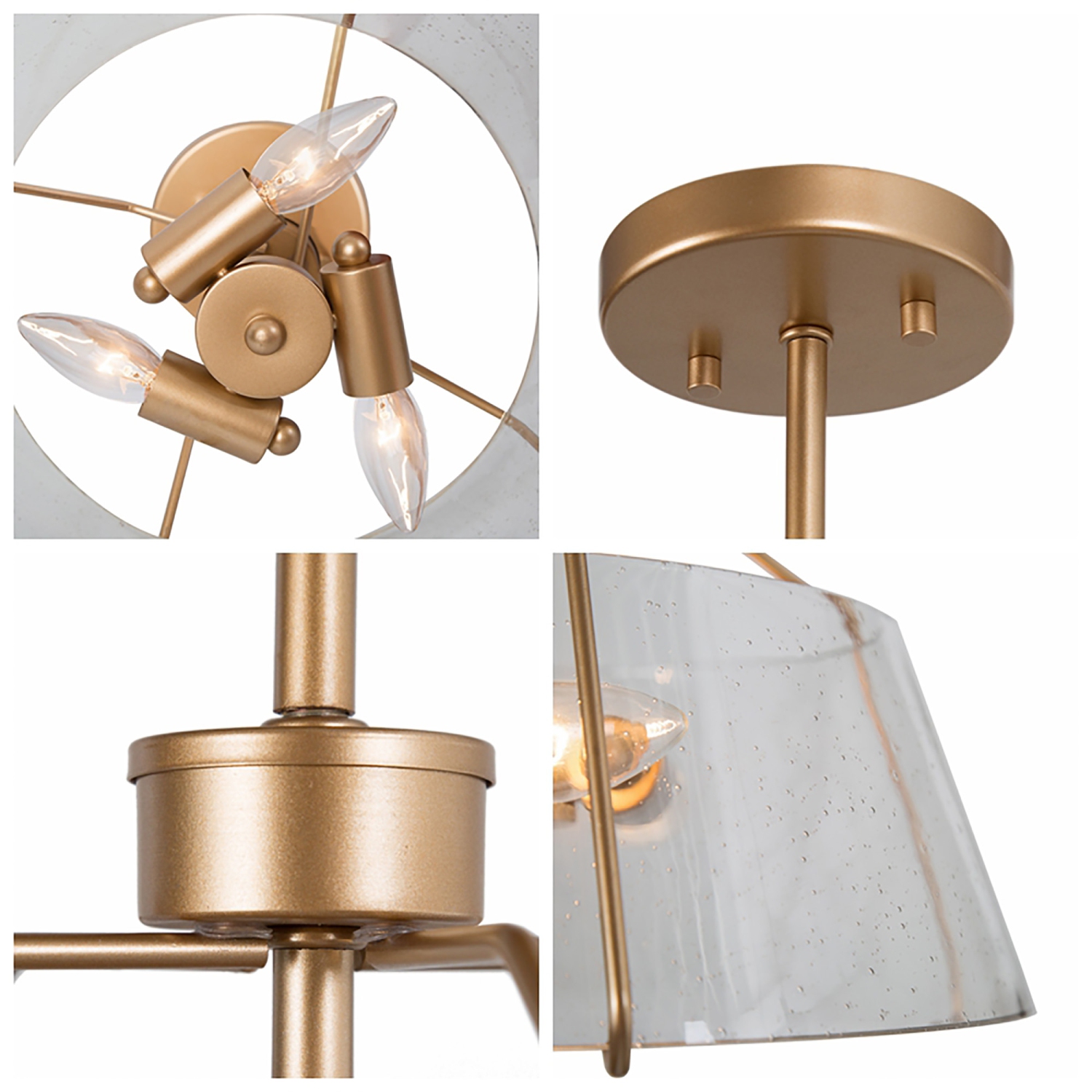 Modern 3-Light Ceiling Light, 13-in Matte Gold with Seeded Drum Glass Shade Incandescent Semi-flush Mount Light