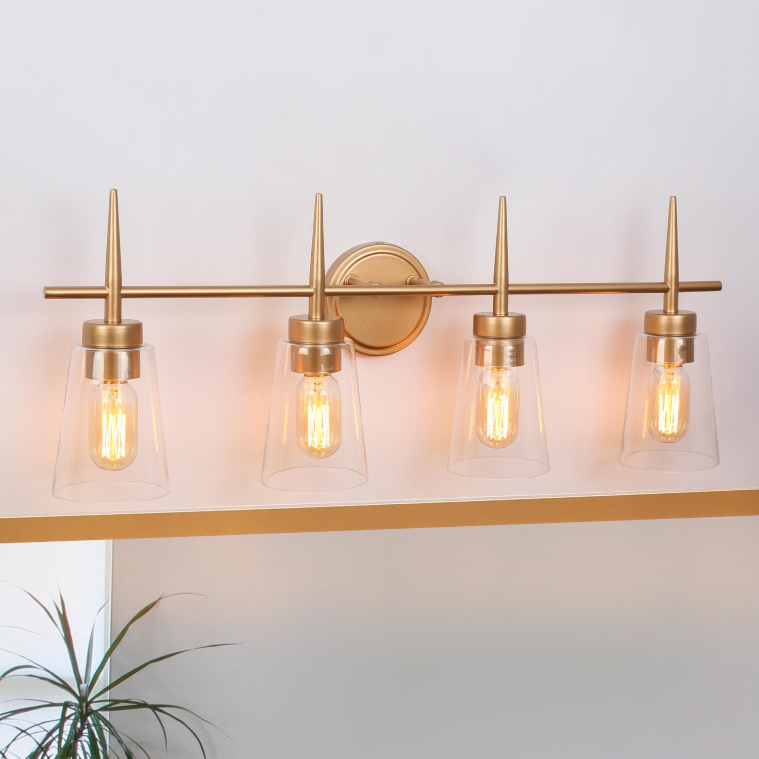 Modern Gold Bathroom Vanity Light, 28.3 in. 4-Light Bell Vanity Light with Clear Glass Shades