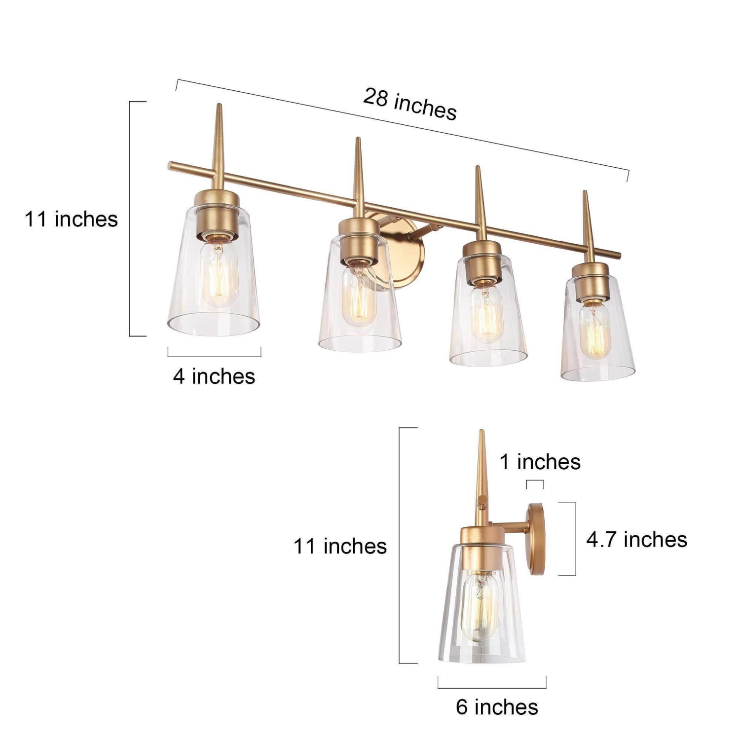 Modern Gold Bathroom Vanity Light, 28.3 in. 4-Light Bell Vanity Light with Clear Glass Shades