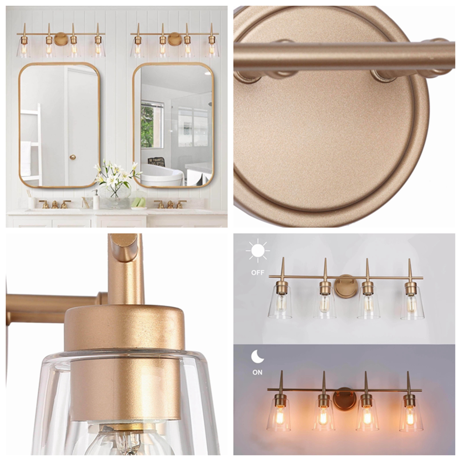 Modern Gold Bathroom Vanity Light, 28.3 in. 4-Light Bell Vanity Light with Clear Glass Shades