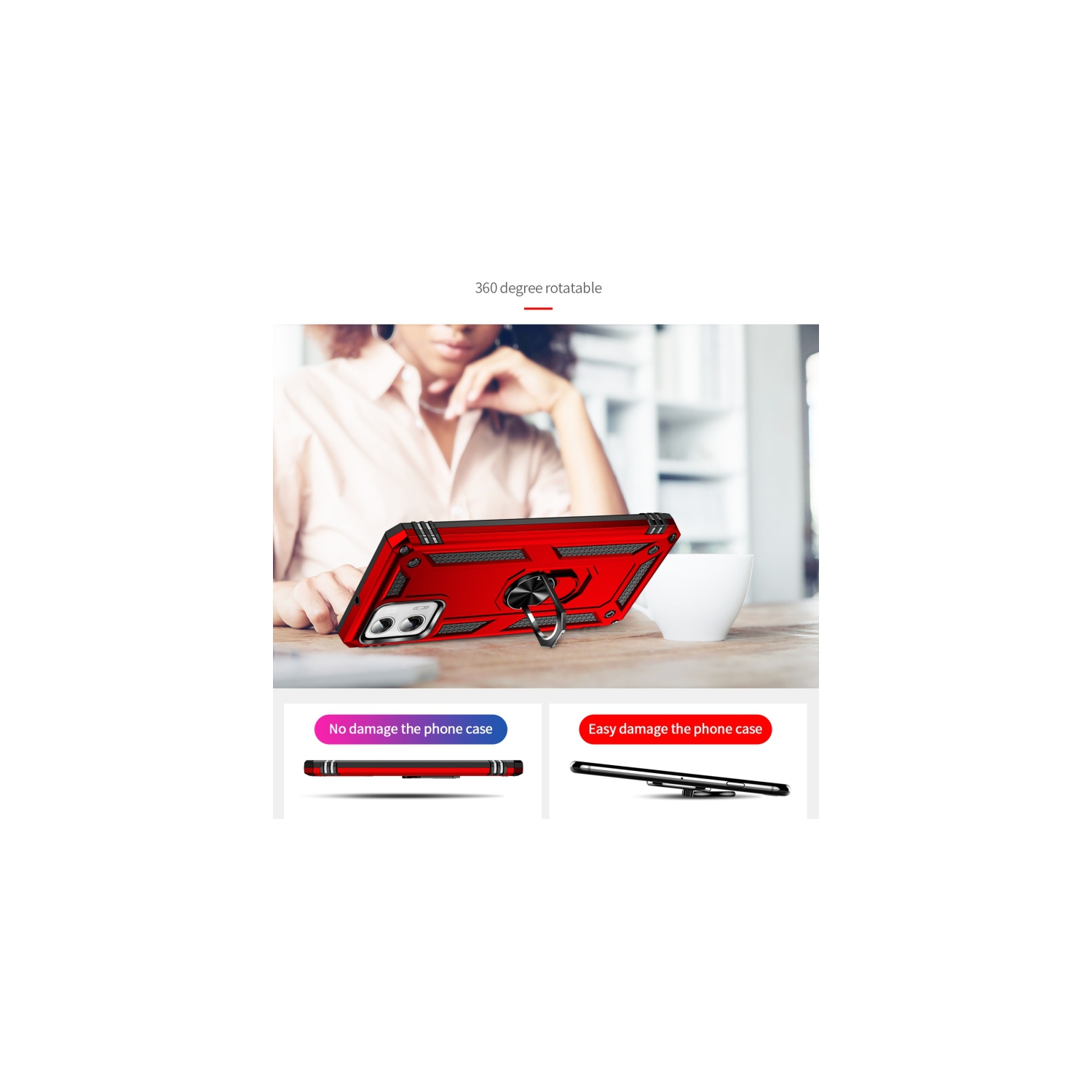 XCRS Dual-Layer Slim Design Armor Protection Cover, Built-in Magnetic Ring, 360 ° Rotating Kickstand for Hands-Free View, Drop Protection Case for