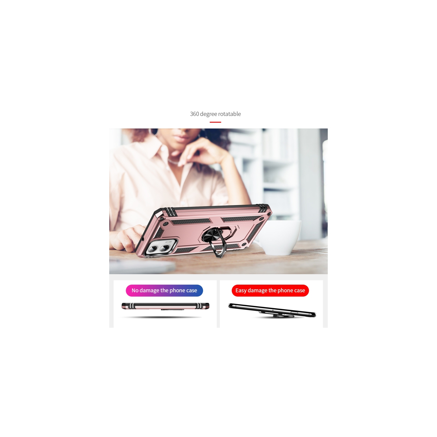 XCRS Dual-Layer Slim Design Armor Protection Cover, Built-in Magnetic Ring, 360 ° Rotating Kickstand for Hands-Free View, Drop Protection Case for