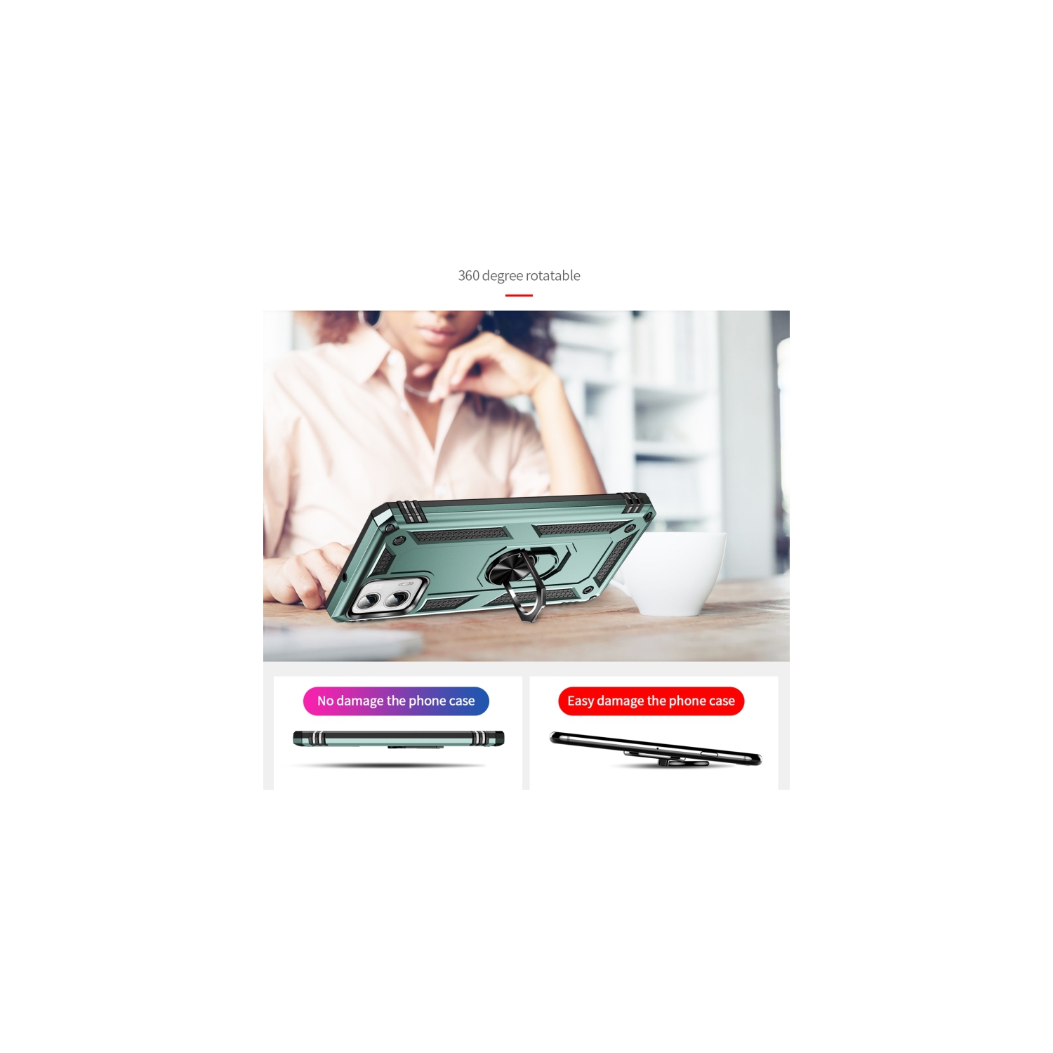 XCRS Dual-Layer Slim Design Armor Protection Cover, Built-in Magnetic Ring, 360 ° Rotating Kickstand for Hands-Free View, Drop Protection Case for