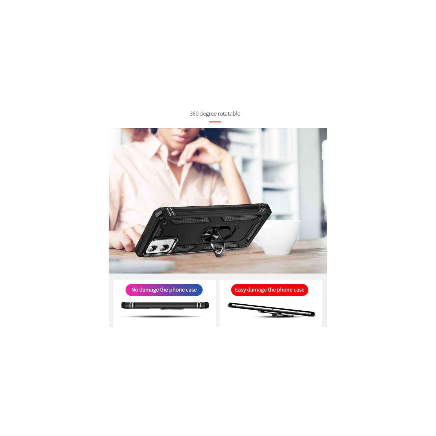 XCRS Dual-Layer Slim Design Armor Protection Cover, Built-in Magnetic Ring, 360 ° Rotating Kickstand for Hands-Free View, Drop Protection Case for