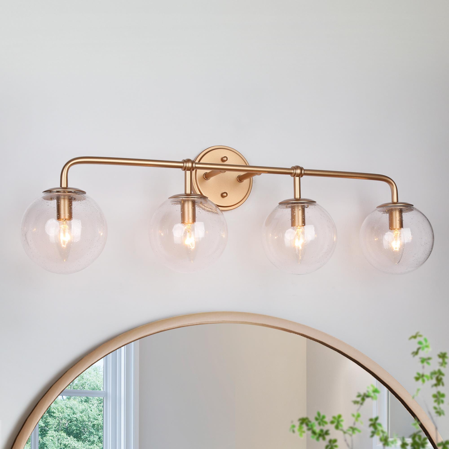 Luminaire moderne Globe pour salle de bain, 30,5 po, 4 ampoules, laiton doré, globe en verre bosselé, moderne/coiffeuse contemporaine