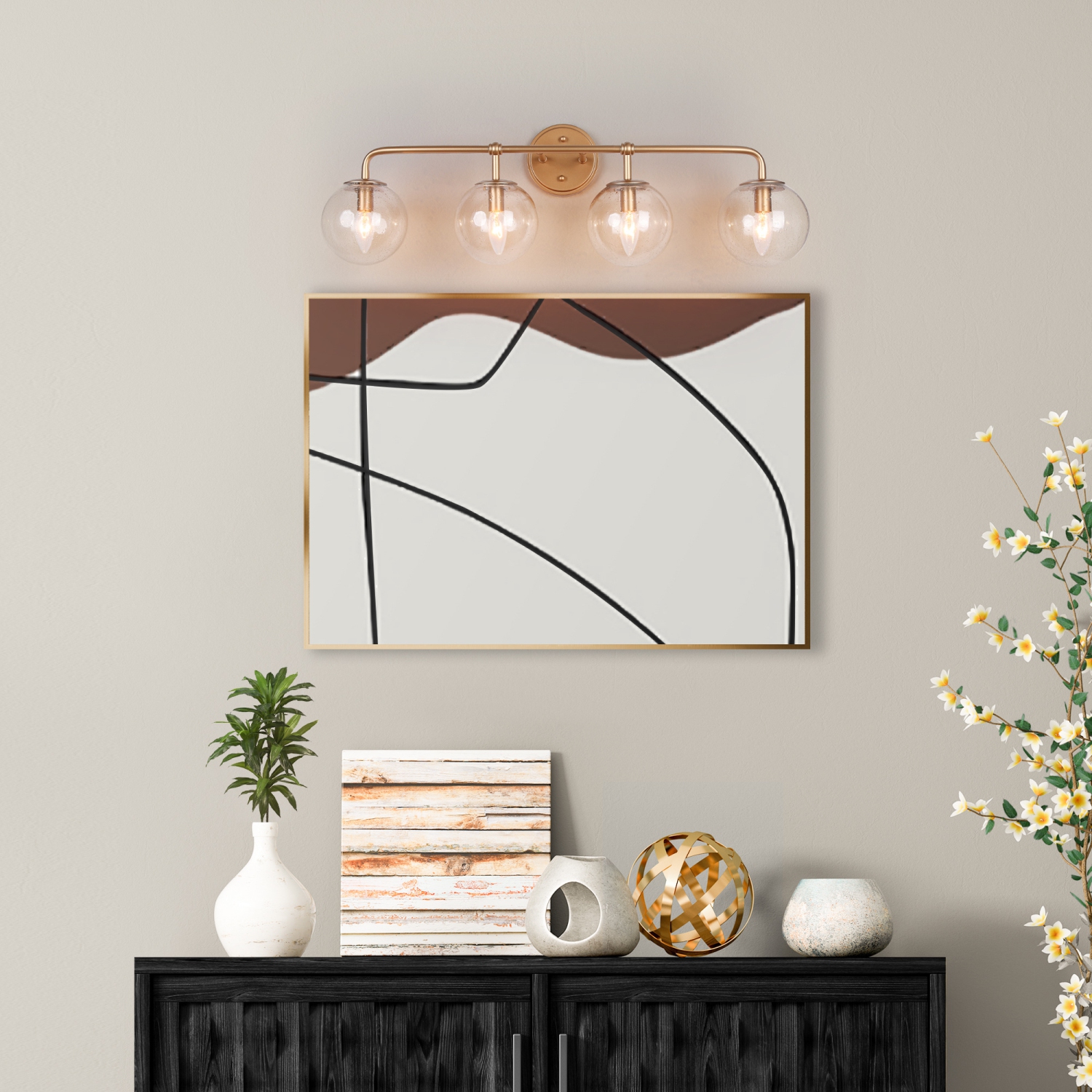 Luminaire moderne Globe pour salle de bain, 30,5 po, 4 ampoules, laiton doré, globe en verre bosselé, moderne/coiffeuse contemporaine