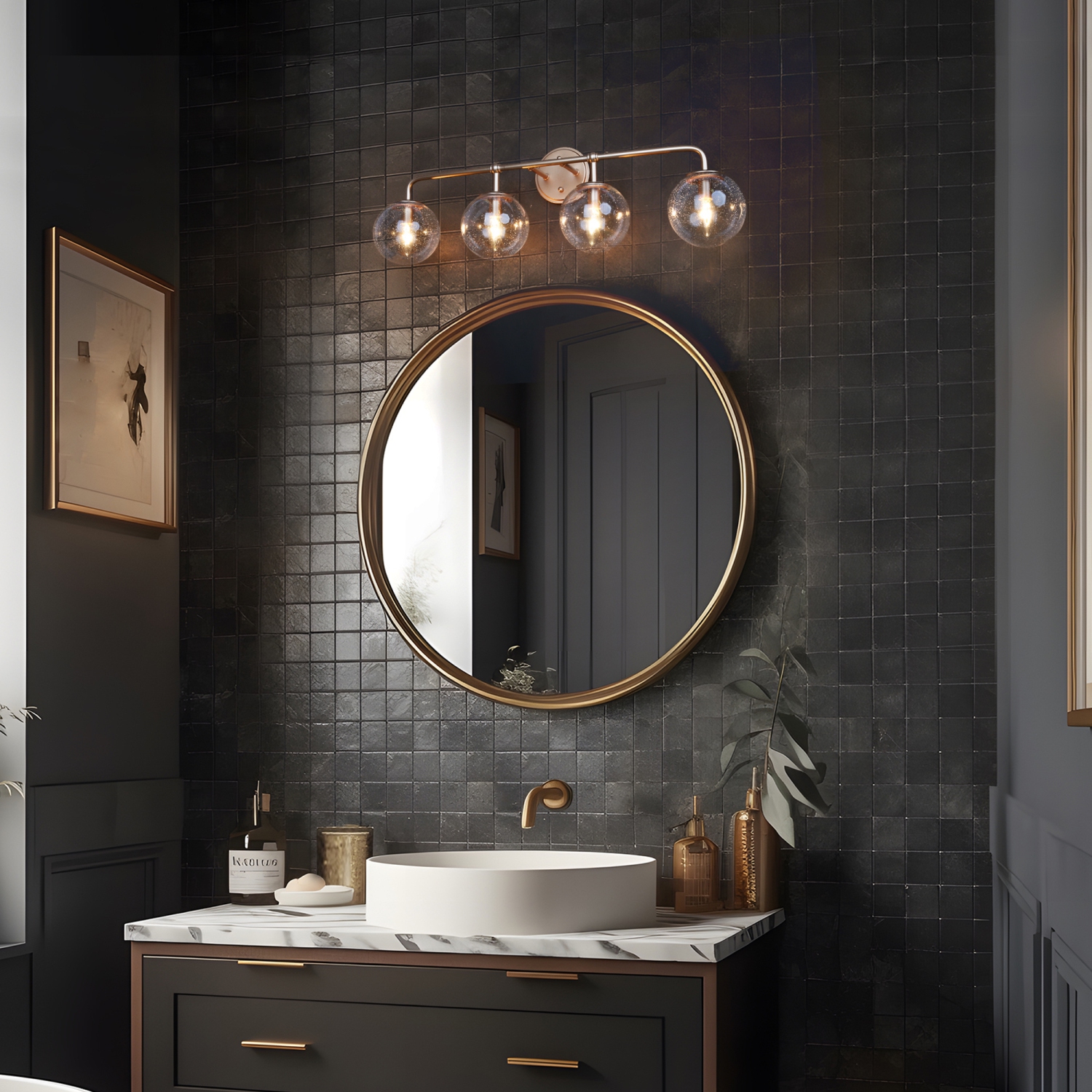 Luminaire moderne Globe pour salle de bain, 30,5 po, 4 ampoules, laiton doré, globe en verre bosselé, moderne/coiffeuse contemporaine