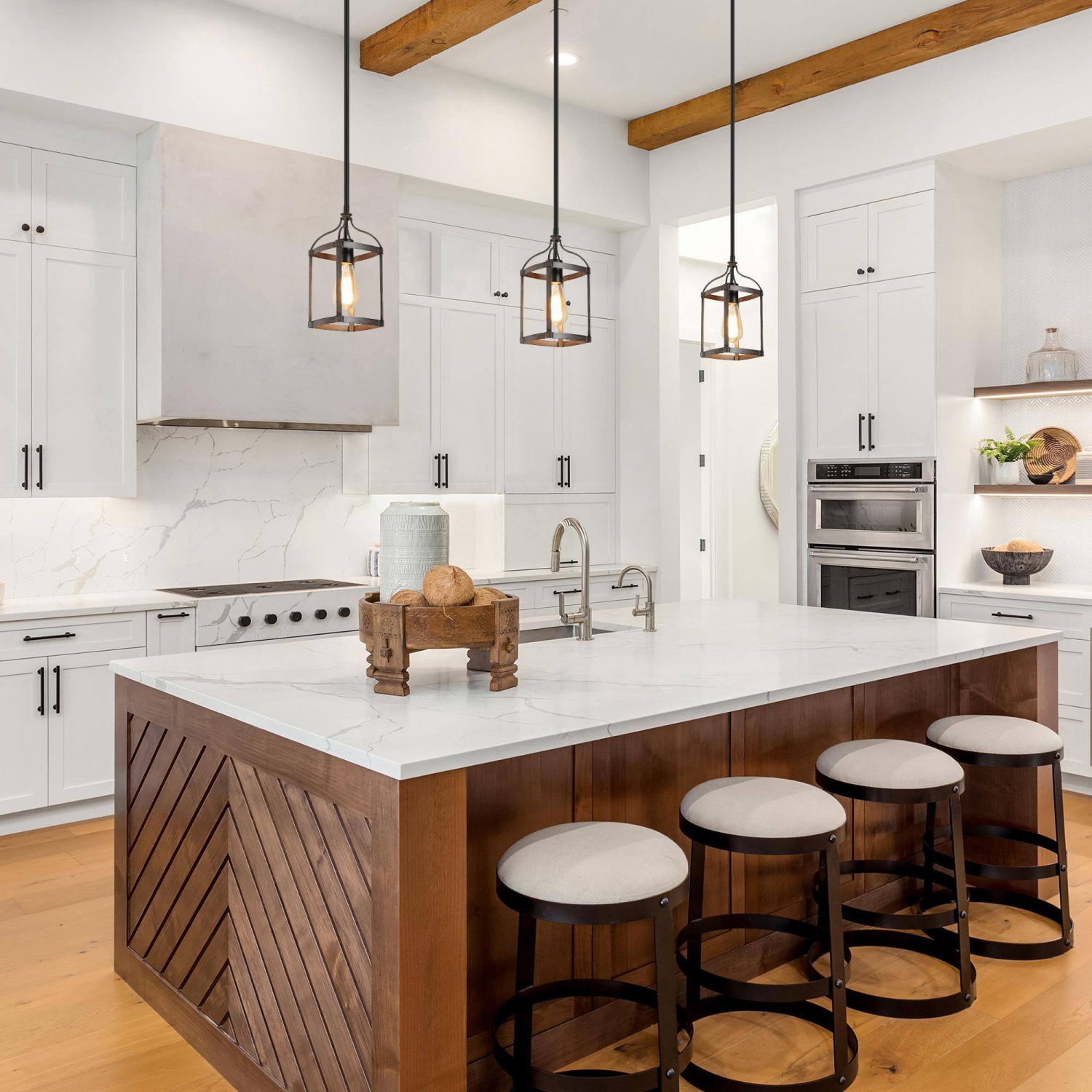 Lampe suspendue moderne de style champêtre pour îlot de cuisine à 1 lampe suspendue à cage et touche en faux bois