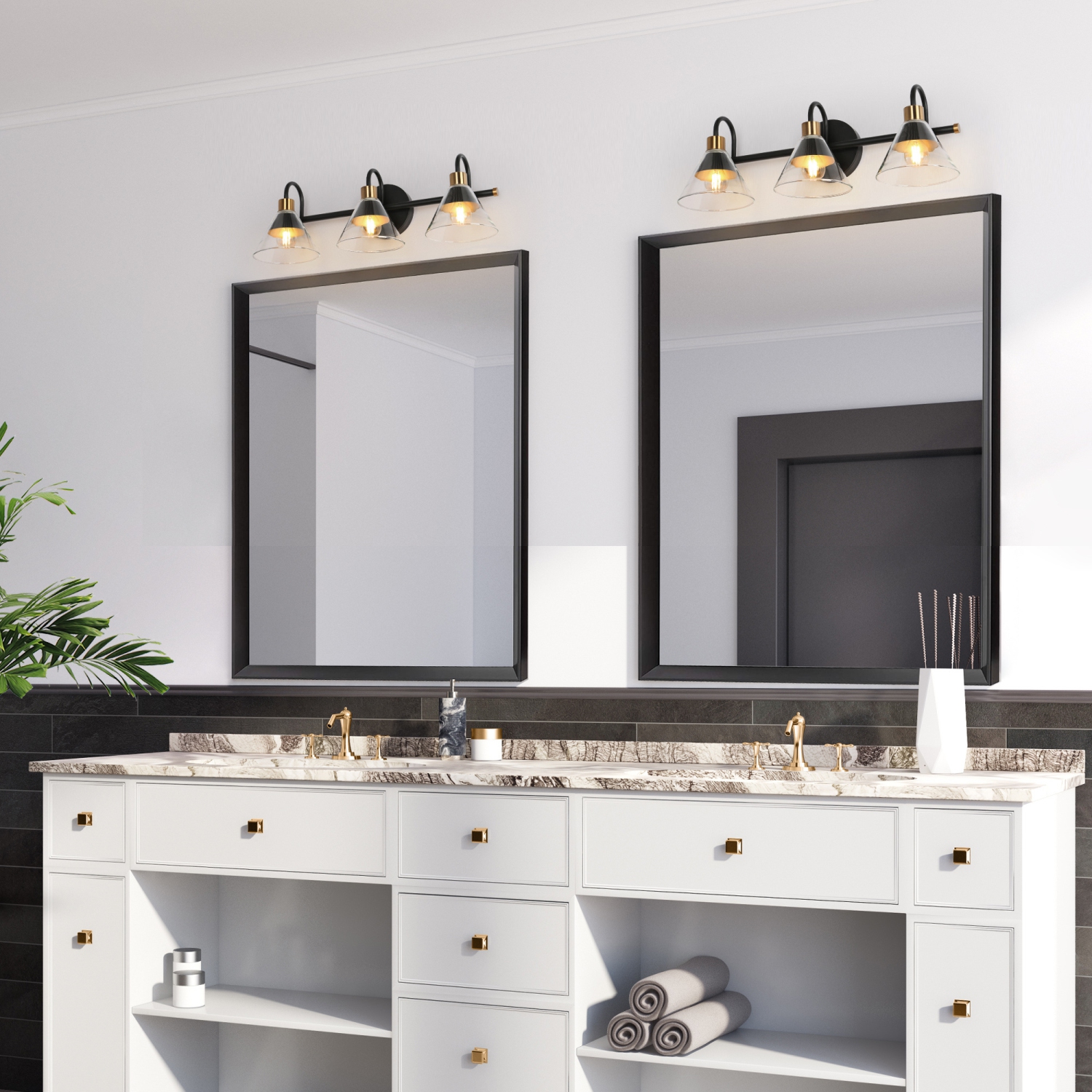 Modern Black Bathroom Vanity Light, 21.3 in. 3-Light Traditional Brass Gold Wall Light