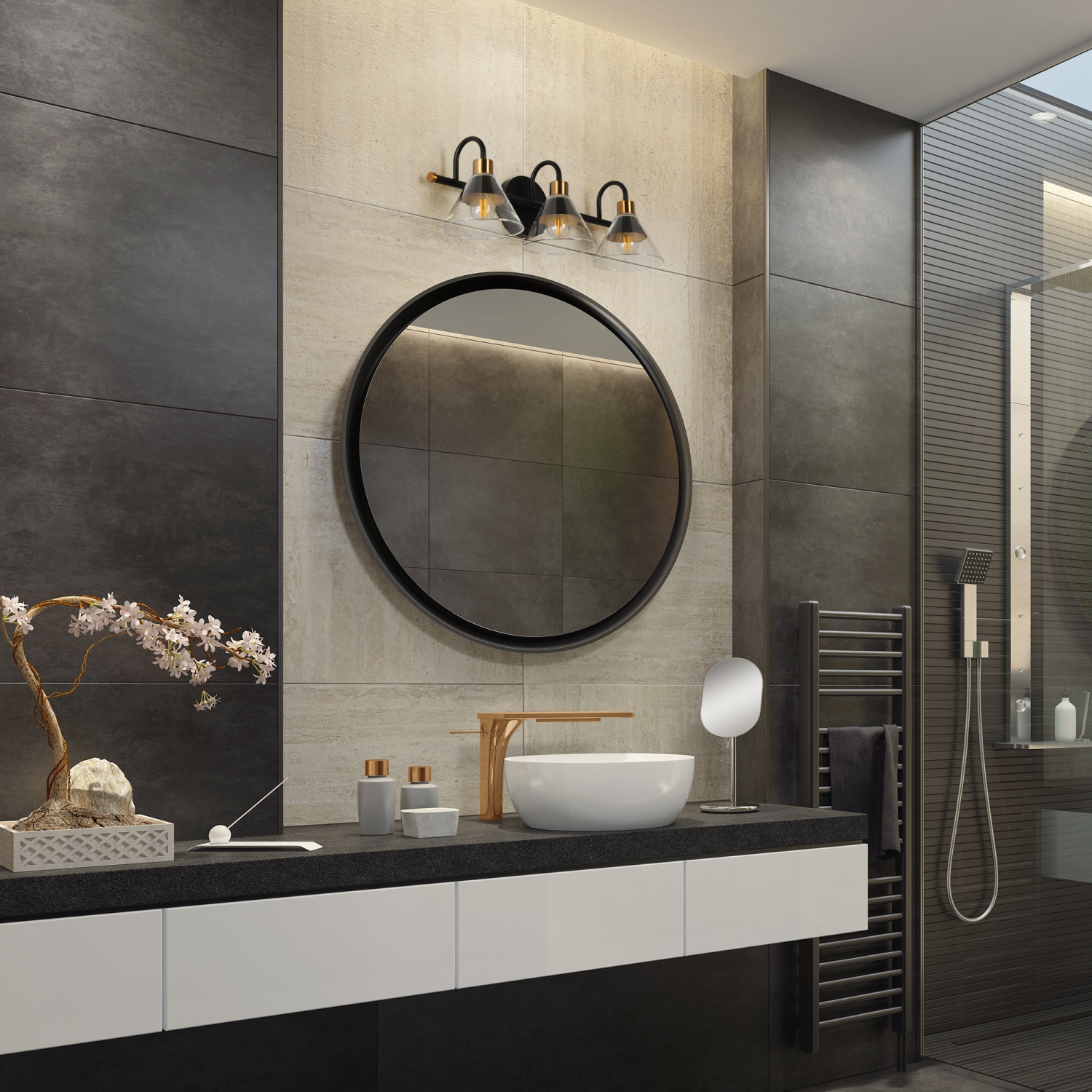 Modern Black Bathroom Vanity Light, 21.3 in. 3-Light Traditional Brass Gold Wall Light