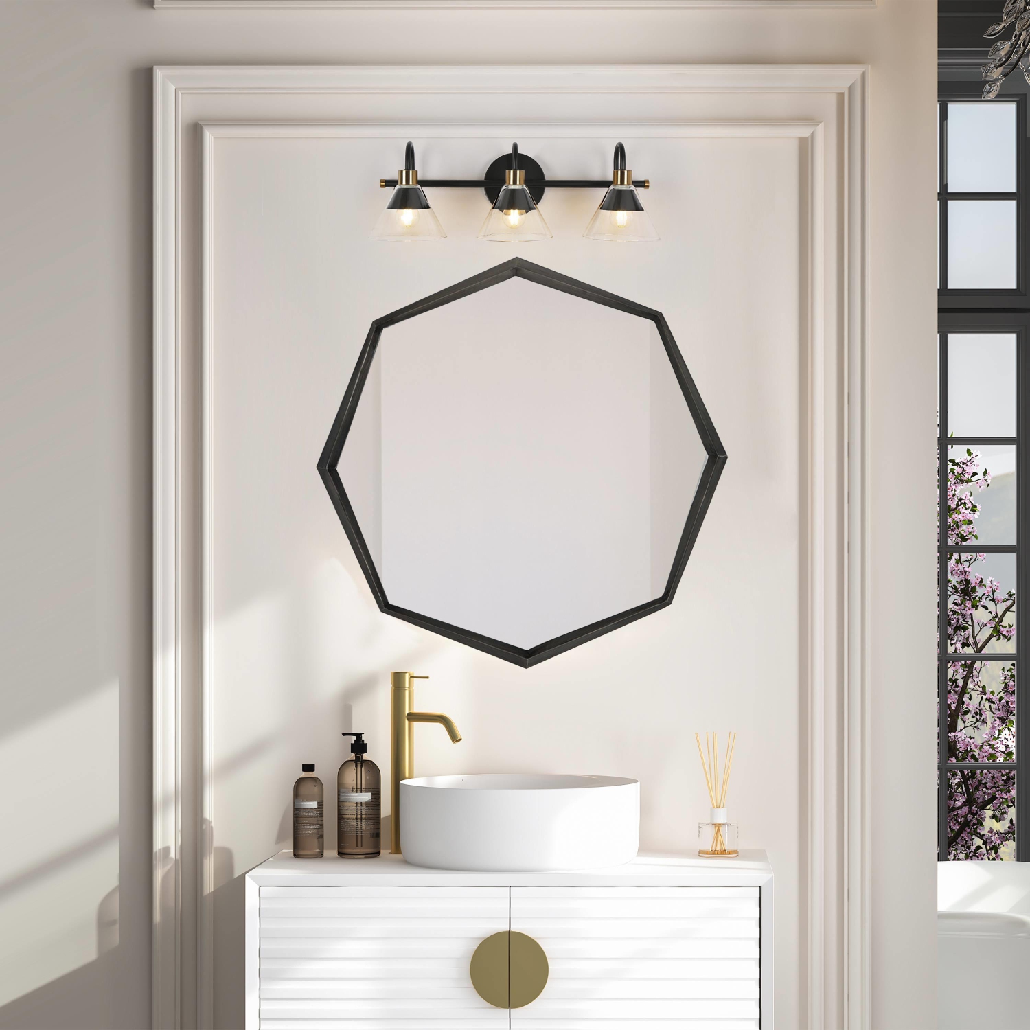 Modern Black Bathroom Vanity Light, 21.3 in. 3-Light Traditional Brass Gold Wall Light