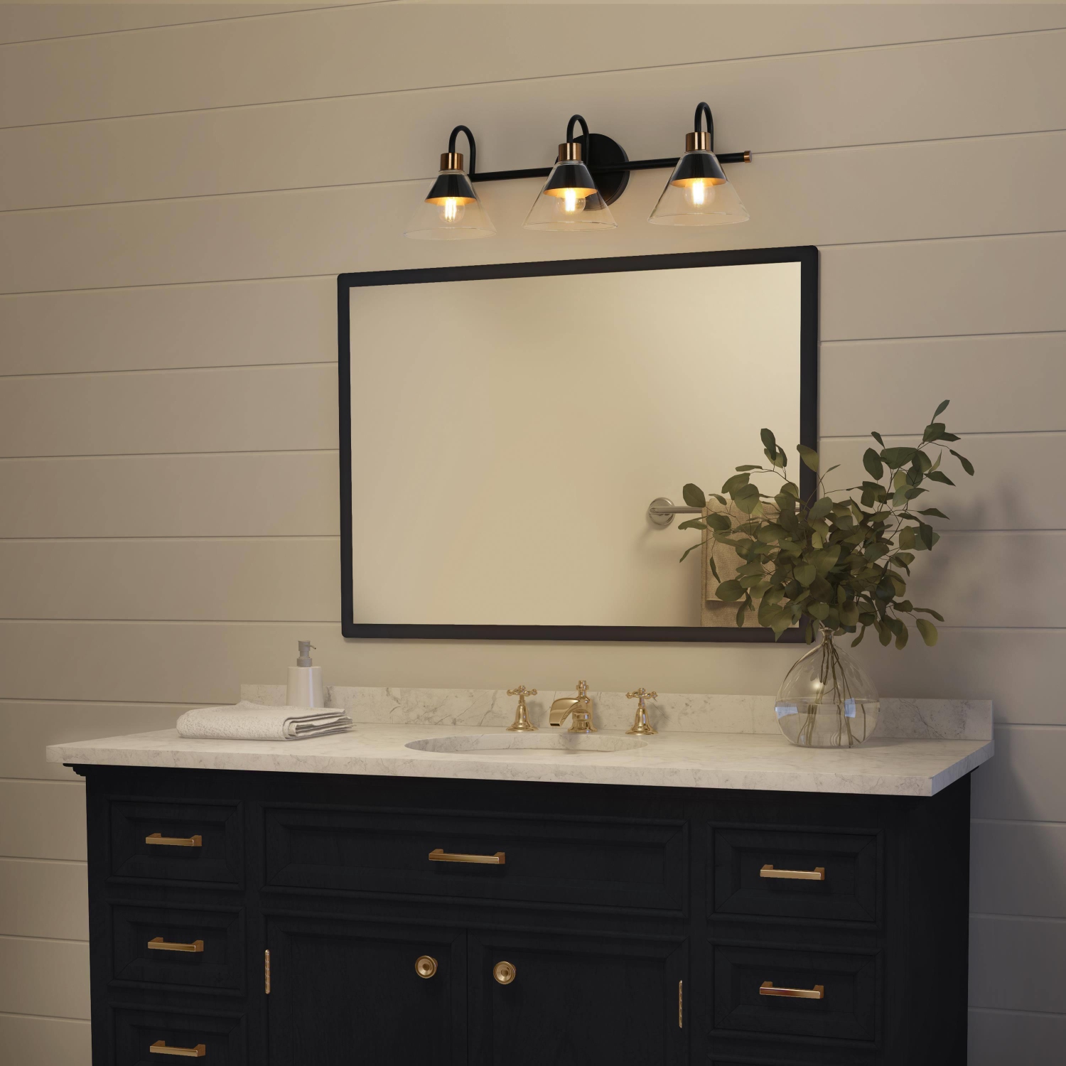 Modern Black Bathroom Vanity Light, 21.3 in. 3-Light Traditional Brass Gold Wall Light