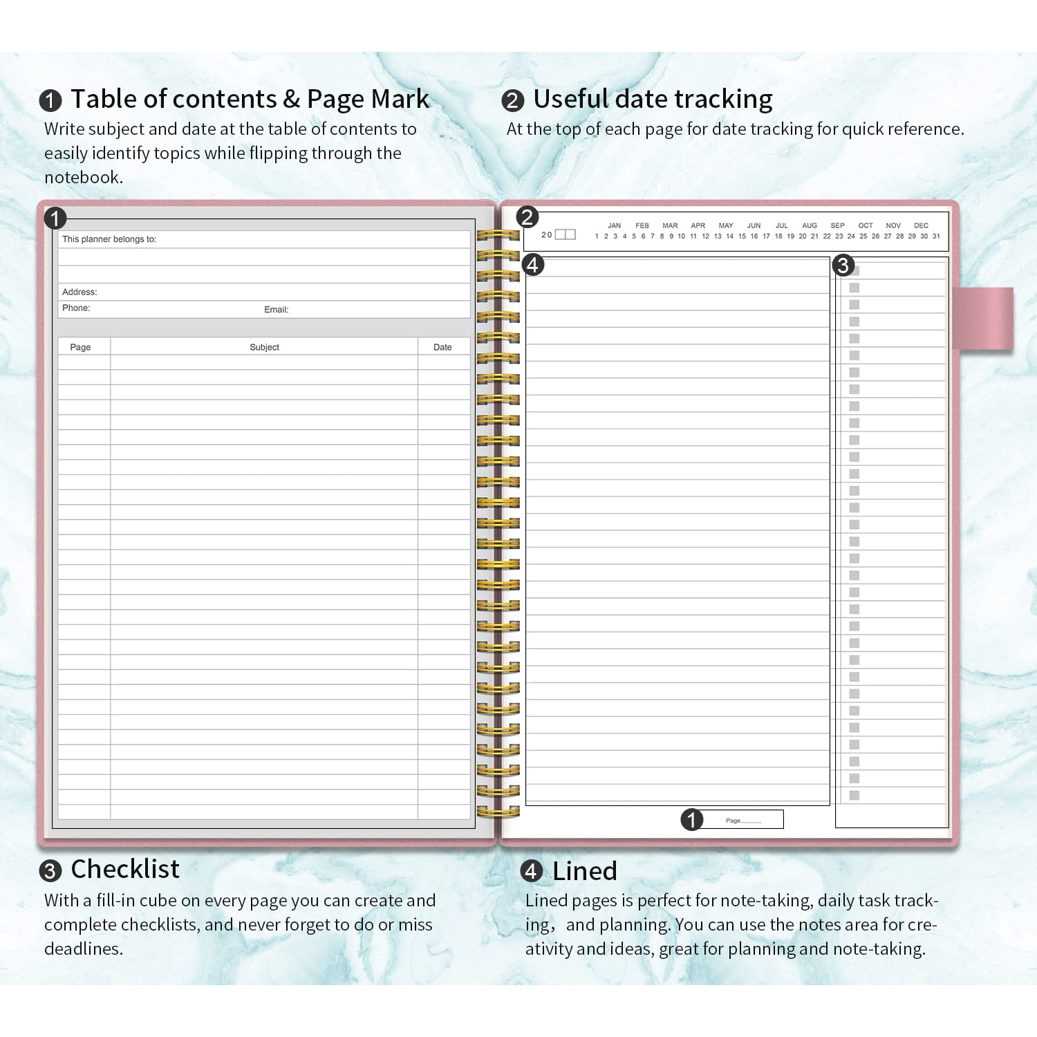 Agenda quotidien non daté, carnet de tâches à faire avec calendrier horaire horaire CoolHut calendriers Meal, 160 pages rose