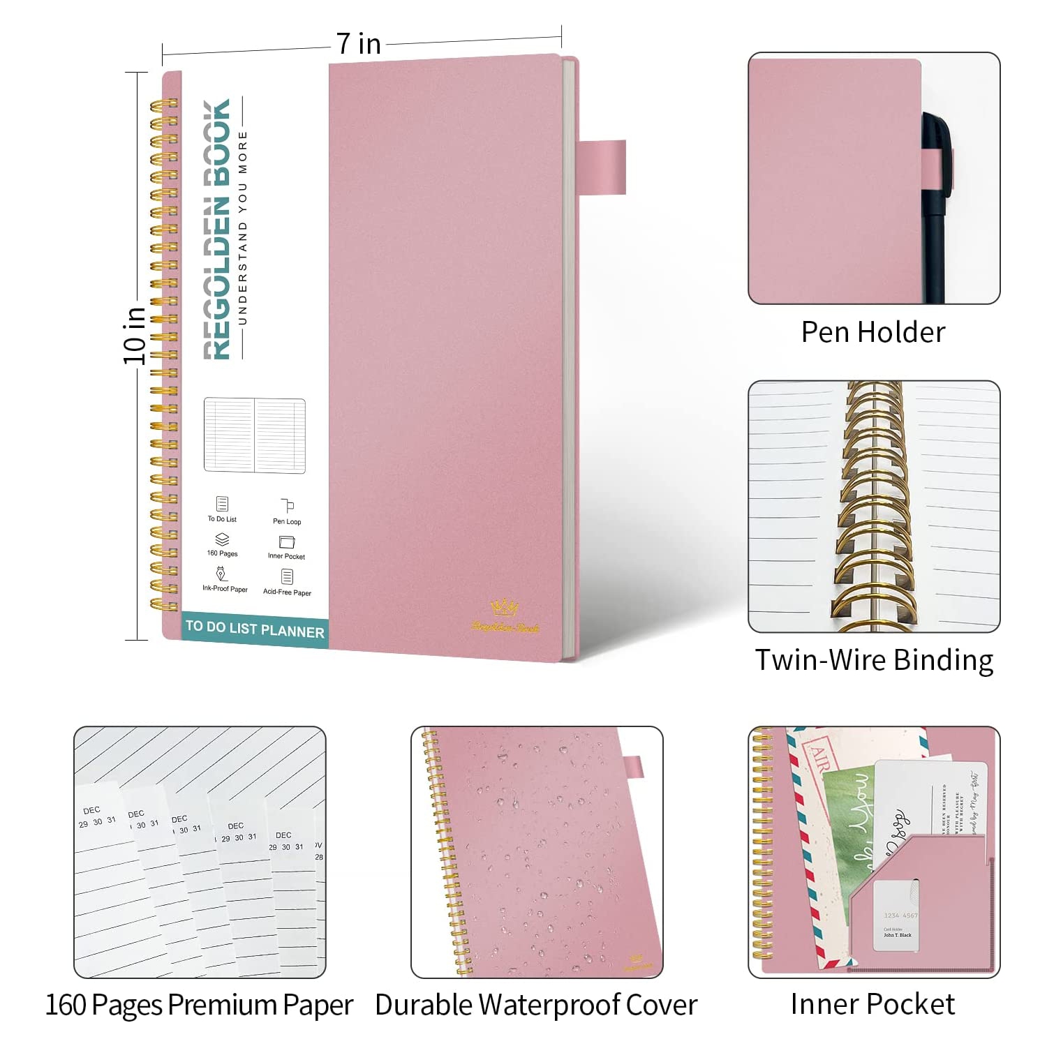 Agenda quotidien non daté, carnet de tâches à faire avec calendrier horaire horaire CoolHut calendriers Meal, 160 pages rose