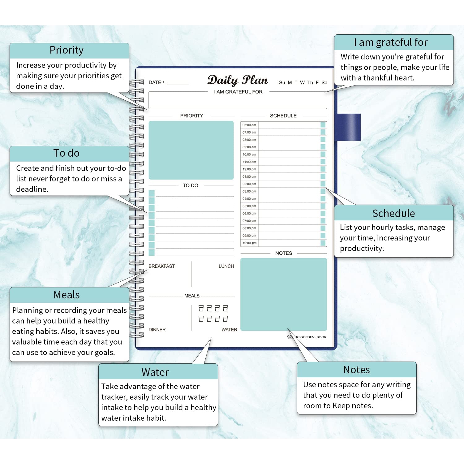 Agenda quotidien non daté, carnet de tâches à faire avec calendriers horaires horaires repas, cahier de rendez-vous spiralé pour homme/femme,