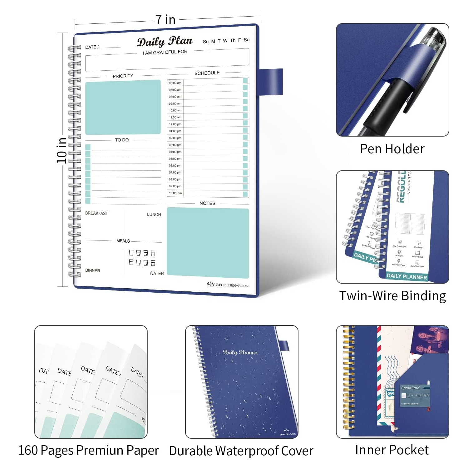 Agenda quotidien non daté, carnet de tâches à faire avec calendriers horaires horaires repas, cahier de rendez-vous spiralé pour homme/femme,
