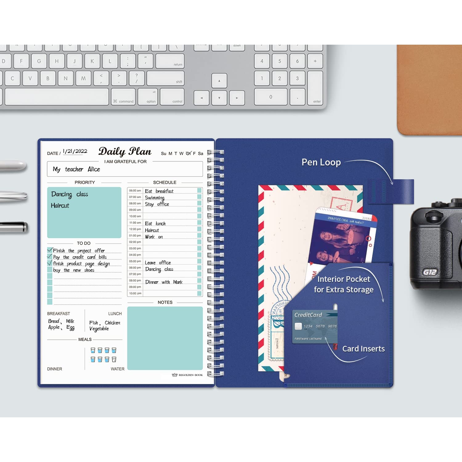 Agenda quotidien non daté, carnet de tâches à faire avec calendriers horaires horaires repas, cahier de rendez-vous spiralé pour homme/femme,