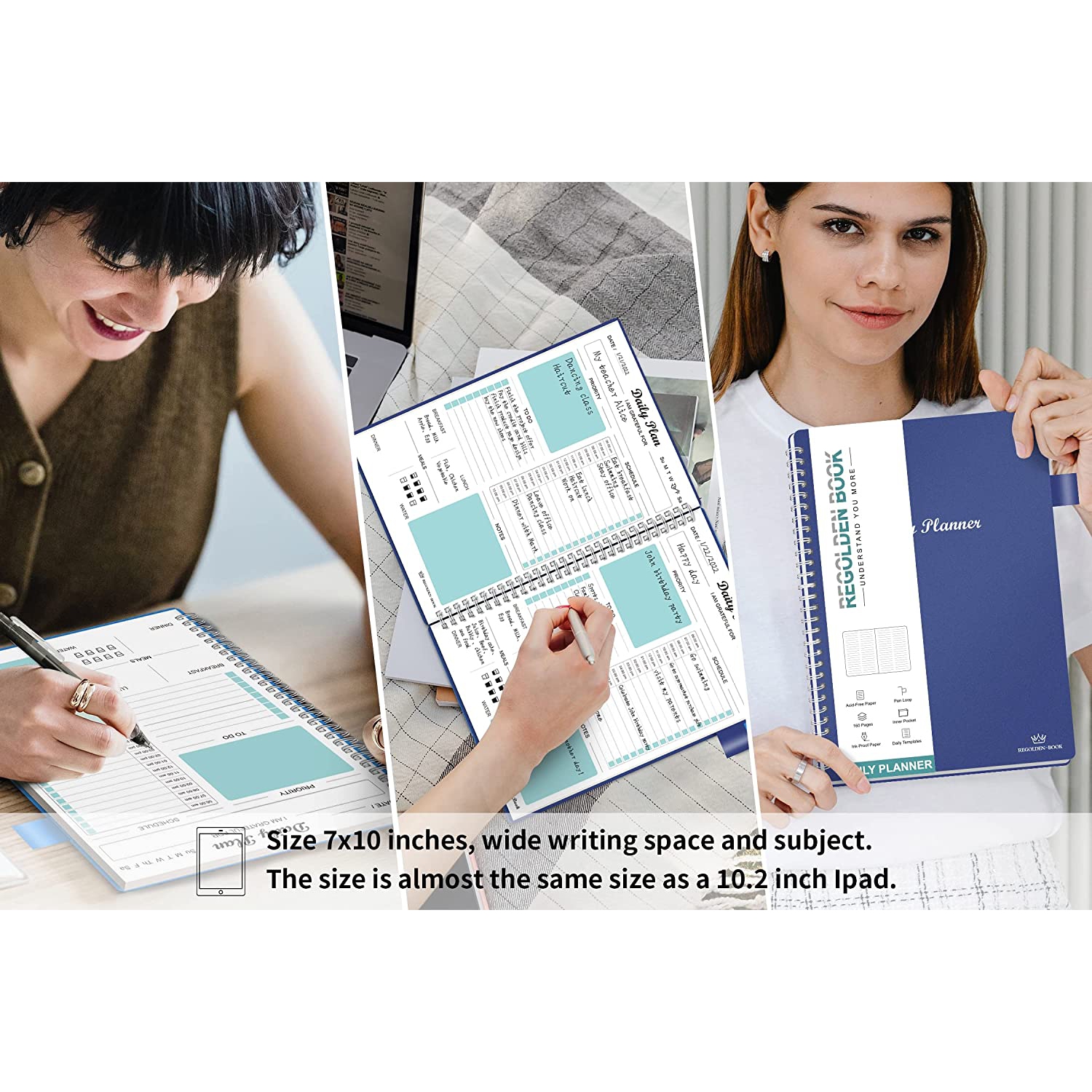 Agenda quotidien non daté, carnet de tâches à faire avec calendriers horaires horaires repas, cahier de rendez-vous spiralé pour homme/femme,