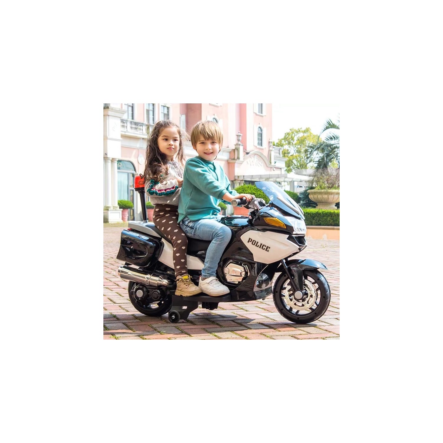 24V Police Officer Ride-On Motorcycle w/ Removable Stabilizing Wheels, SD, USB