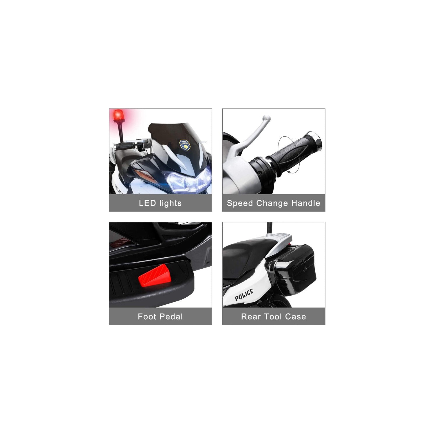 24V Police Officer Ride-On Motorcycle w/ Removable Stabilizing Wheels, SD, USB