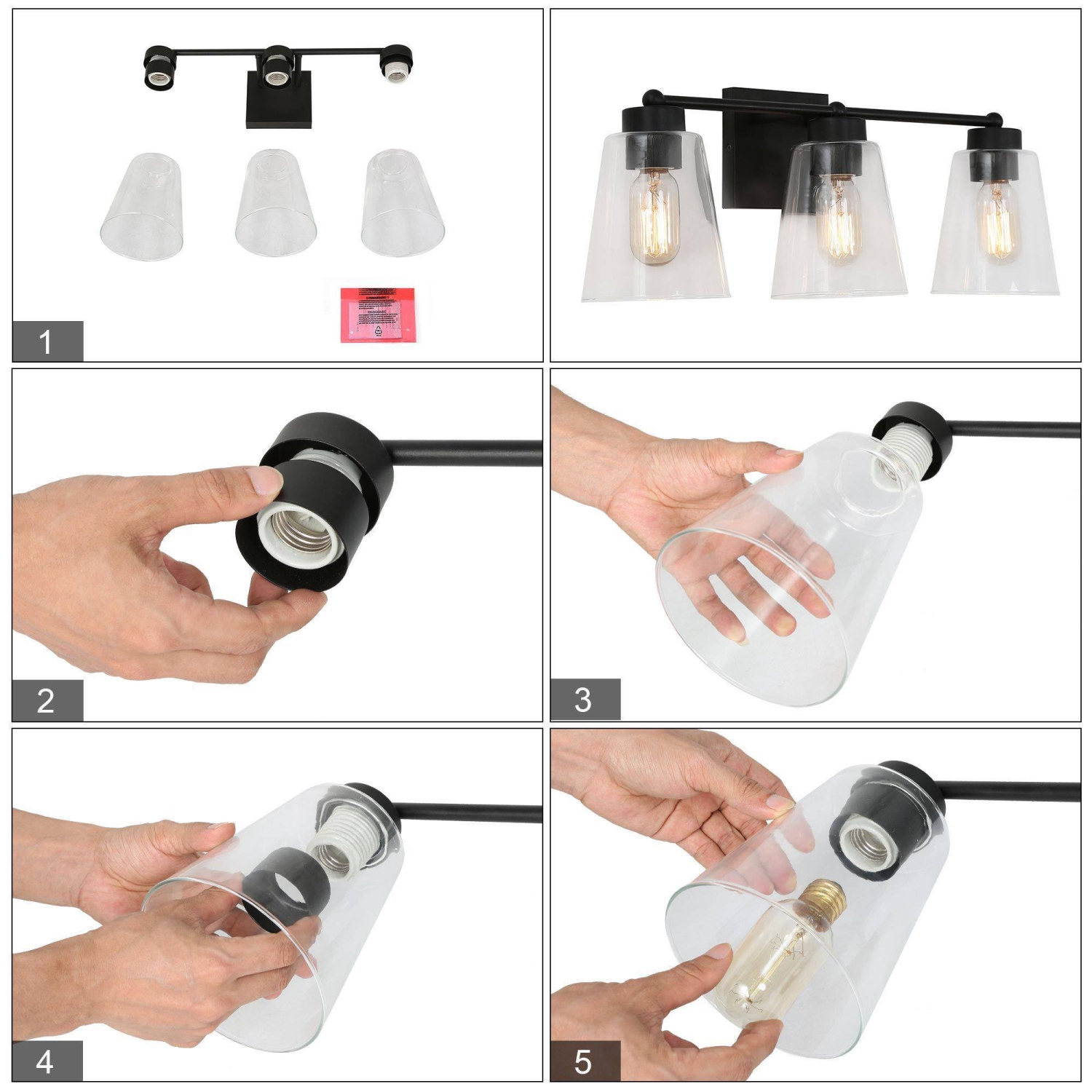 Modern Bell Vanity Light for Bathroom 3-Light Matte Black Wall Sconce Light with Clear Glass Shades