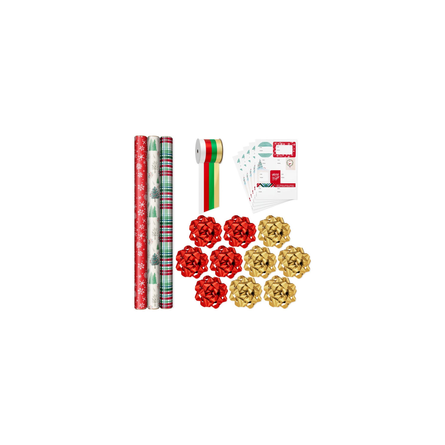 Hallmark Rustic Red and Green Christmas Wrapping Paper Set (90 sq. ft. ttl,  10 Bows, 4 Ribbon Colors, 40 Gift Tag Stickers) Snowflakes, Trees, Plaid