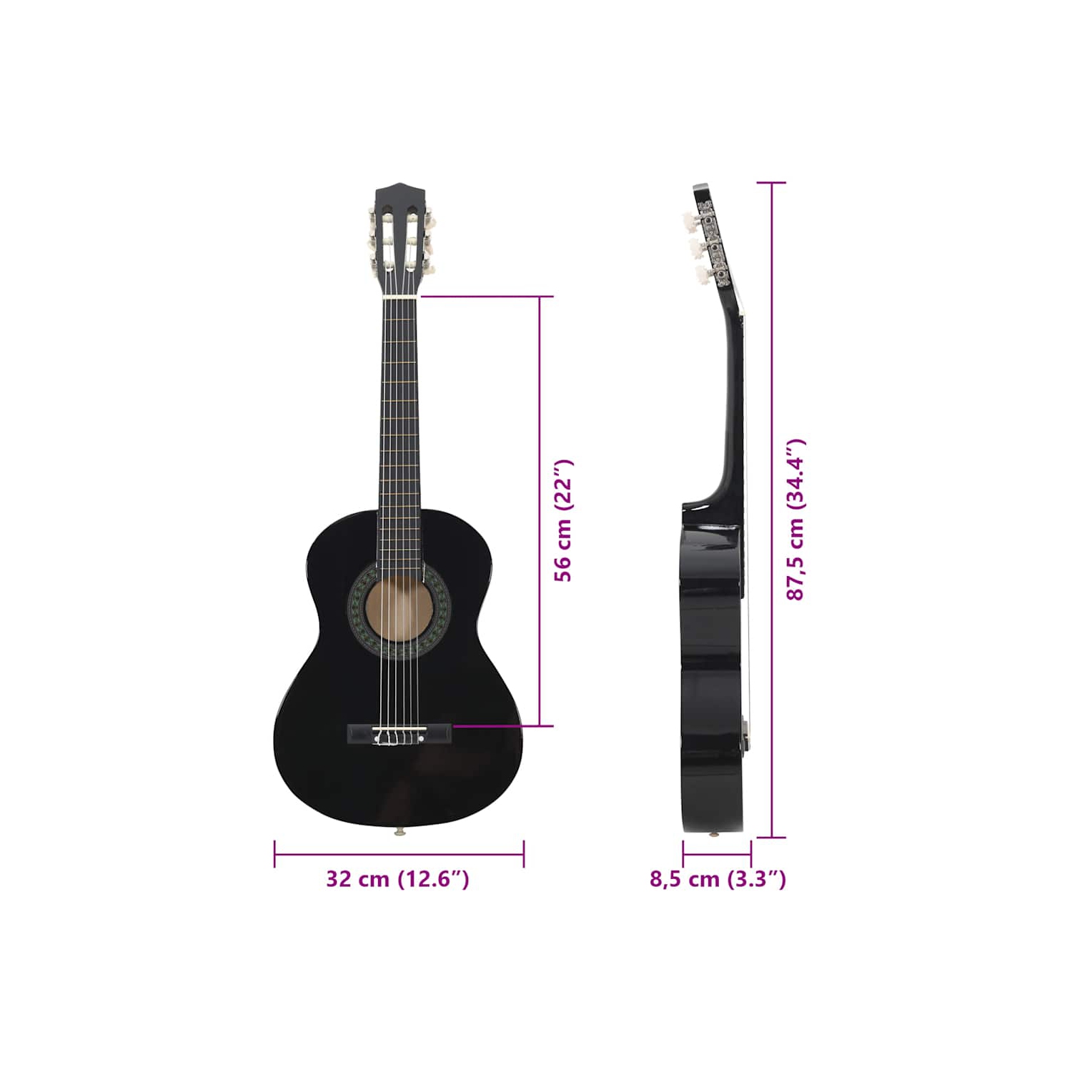 Ensemble de 8 pièces pour débutants en guitare classique VividaXL, noir, 1/2 34 po