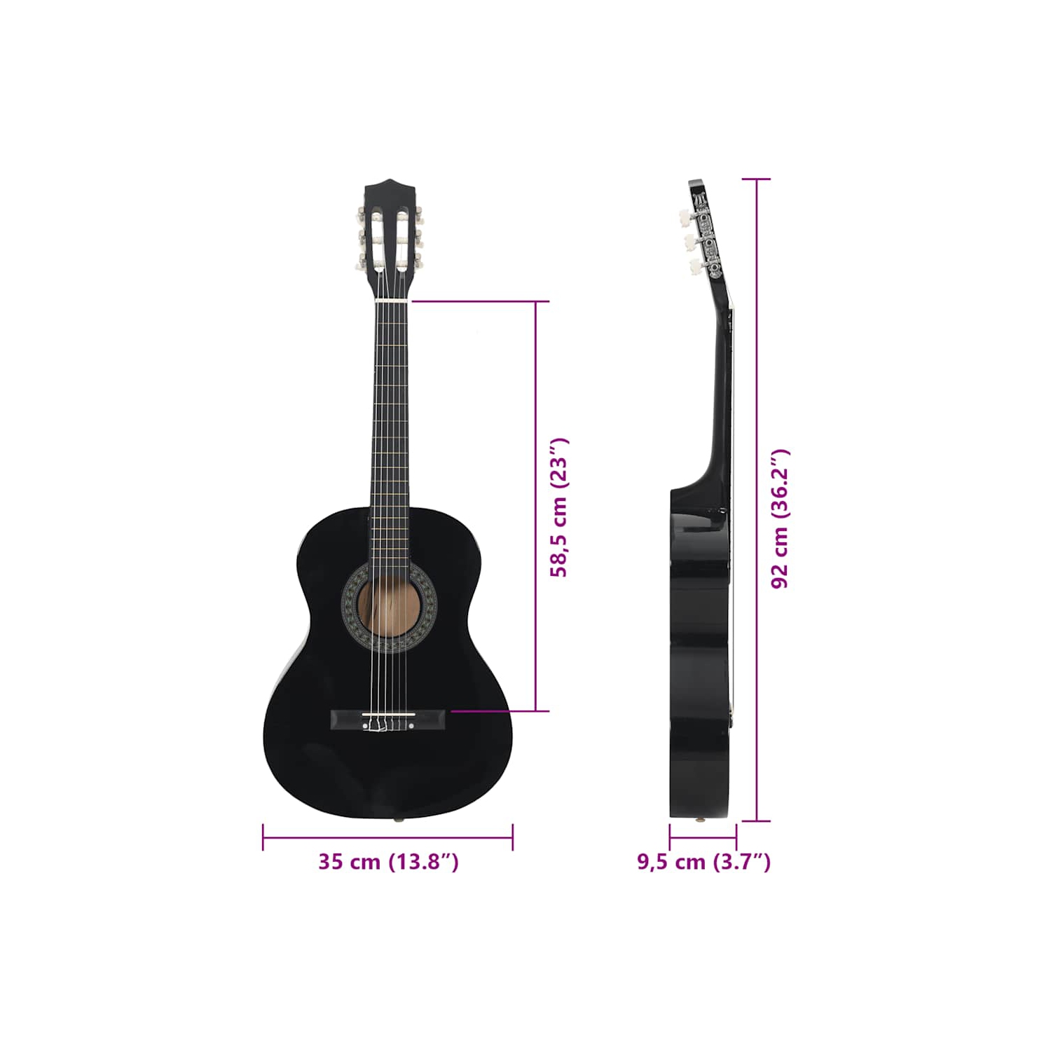 Ensemble de 8 pièces pour débutants en guitare classique VividaXL, noir, 3/4 36 po