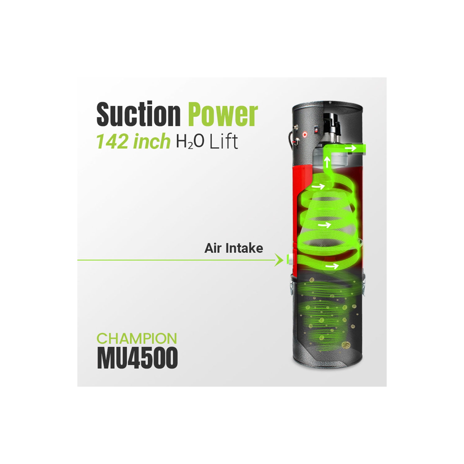 Système d'aspirateur central Champion 6,000 pi2 Allegro – tête motorisée électrique et tuyau idéal pour les surfaces dures et les planchers de bois